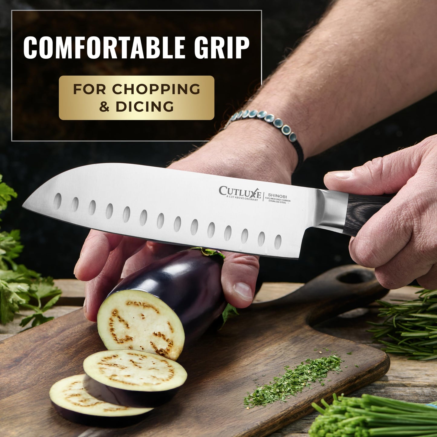 Shinobi Chef Knife Set, Professional 3 PCS Kitchen Knife Set – Japanese Kitchen Knife Design, Razor Sharp High Carbon Stainless Steel Blades, Ergonomic Pakkawood Handles, Full Tang by Cutluxe