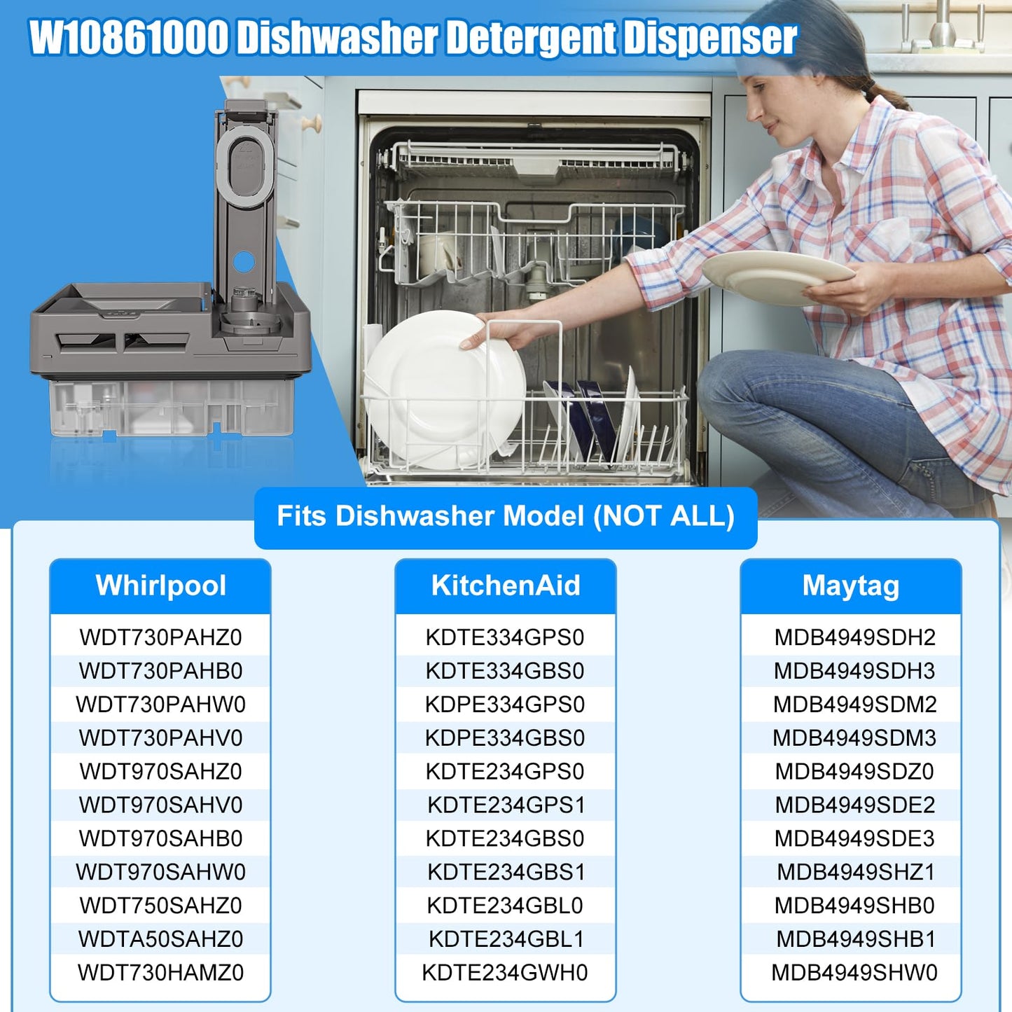UPGRADED W10861000 Dishwasher Detergent Dispenser Compatible With Whirlpool Kitchenaid Maytag Dishwasher Detergent Dispenser Replacement Parts W10620296 W10620298 WDT730PAHZ0 Soap Dishwasher Dispenser