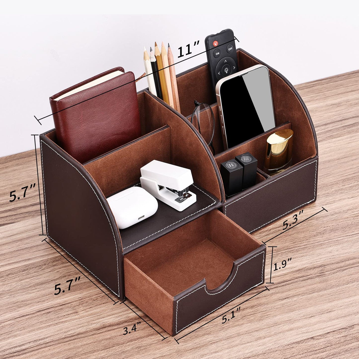 KINGFOM Pu Leather Desk Organizer Pen Pencil Holder Office Supplies Caddy Storage Box 6 Compartments with Drawer Brown (Half Pu)