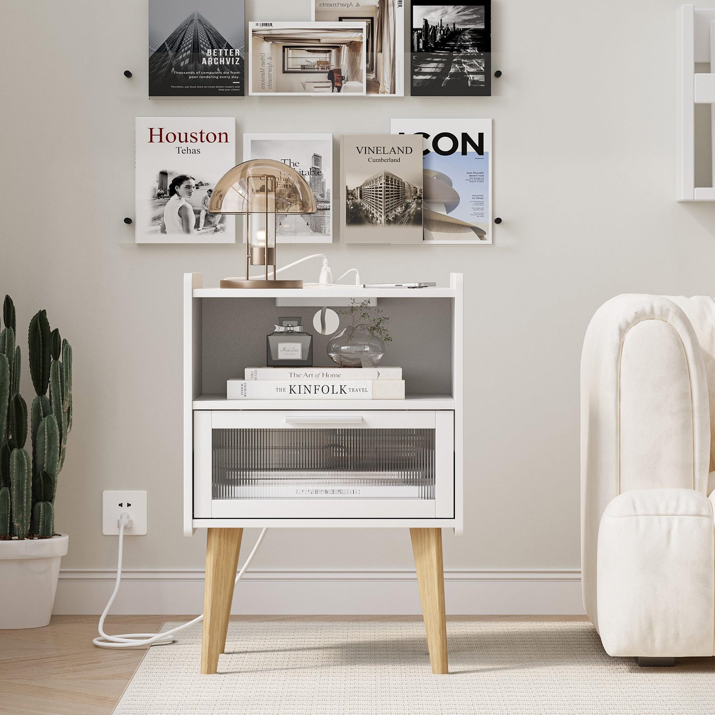 Nightstand with Charging Station, Bedside Tables with Glass Decorative Door, End Table Side Table with 2 Tiers Storage Space, for Bedroom, Living Room, White CAMLBZ07WE