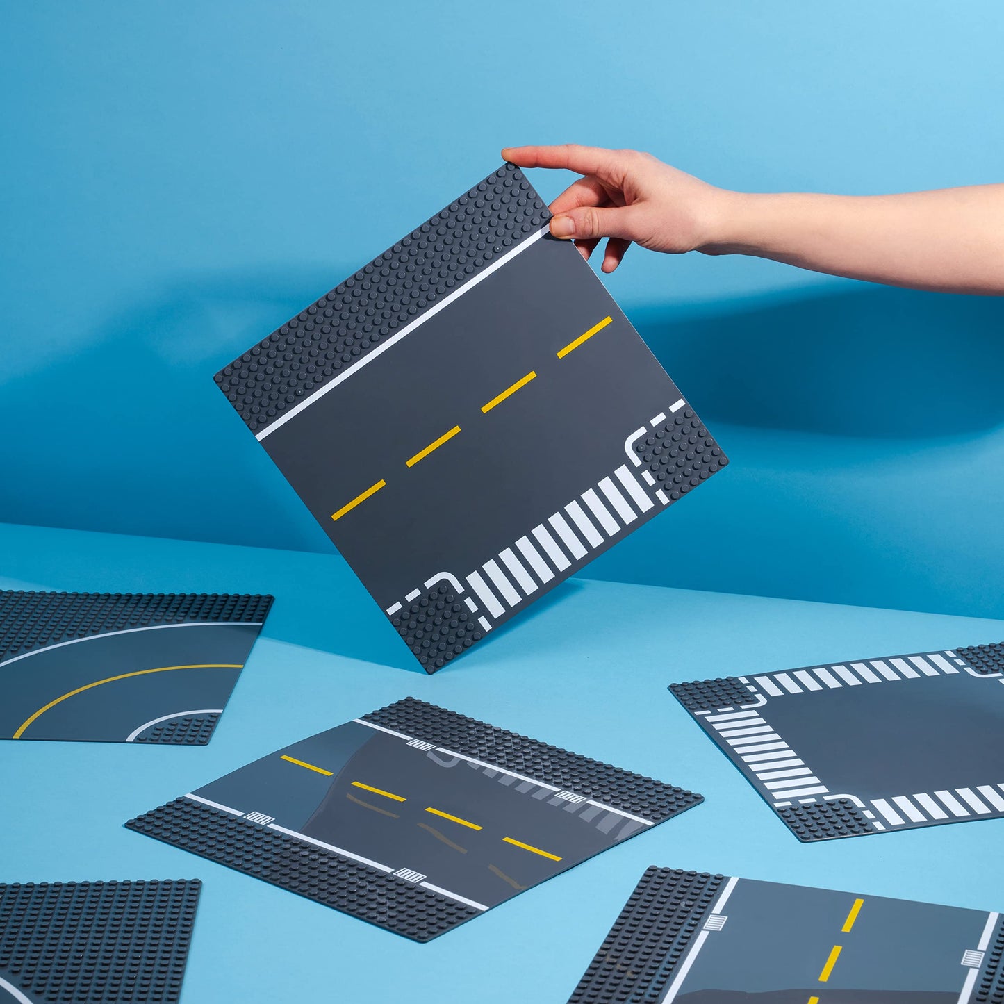 Classic Building Block Road Base Plates Compatible with All Major Brands (Roads 8 Pack), 25.4 cm 25.4 cm, 2 Straight, 2 Curve, 2 Crossroads, 2 T-Junction Plate