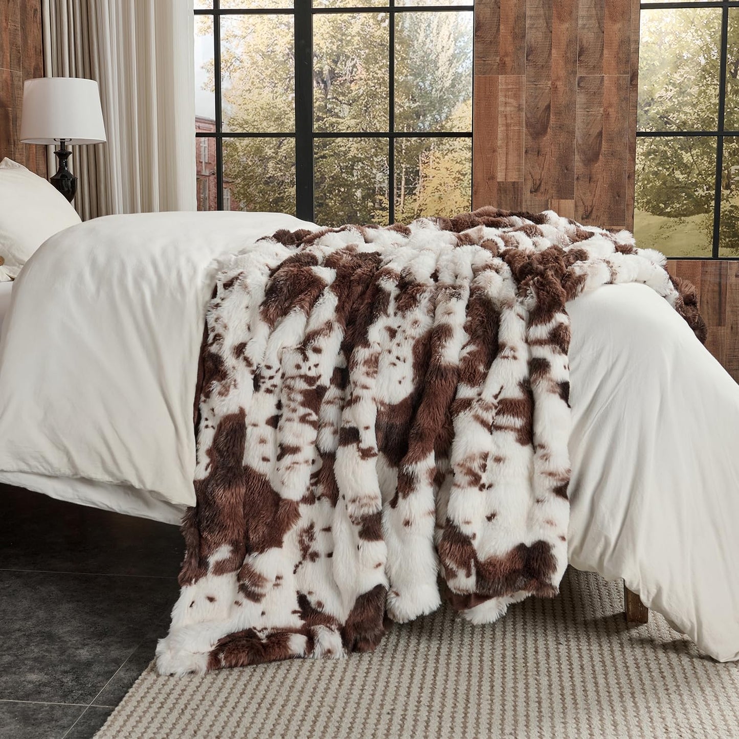 Lotus Karen Faux Fur Throw Blanket Cow Print-Dark Brown 80x60 Inches, Fluffy Fuzzy Plush Bubble Blanket for Couch, Cozy Shaggy Luxury Rabbit Blanket for Sofa Bedroom Living Room
