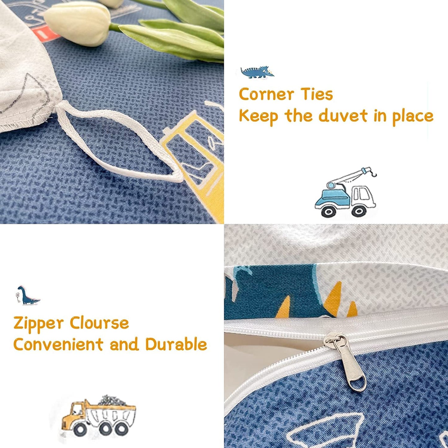 DJY Dinosaur Kids Duvet Cover Set Full Size, 100Percent Cotton Dino Truck Car Bedding Set for Boys Girls, 3 Pieces Reversible Dinosaur Comforter Cover Set (1 Duvet Cover+2 Pillowcases)