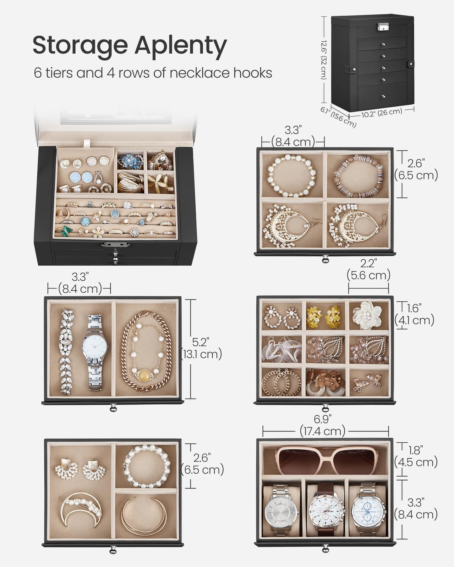 SONGMICS 6-Tier Jewelry Box Organizer with 5 Drawers, Lockable Jewelry Storage Case with Mirror, Necklace Hooks, Watch Storage, Large Capacity, Gift for Loved Ones, Black UJBC152B01