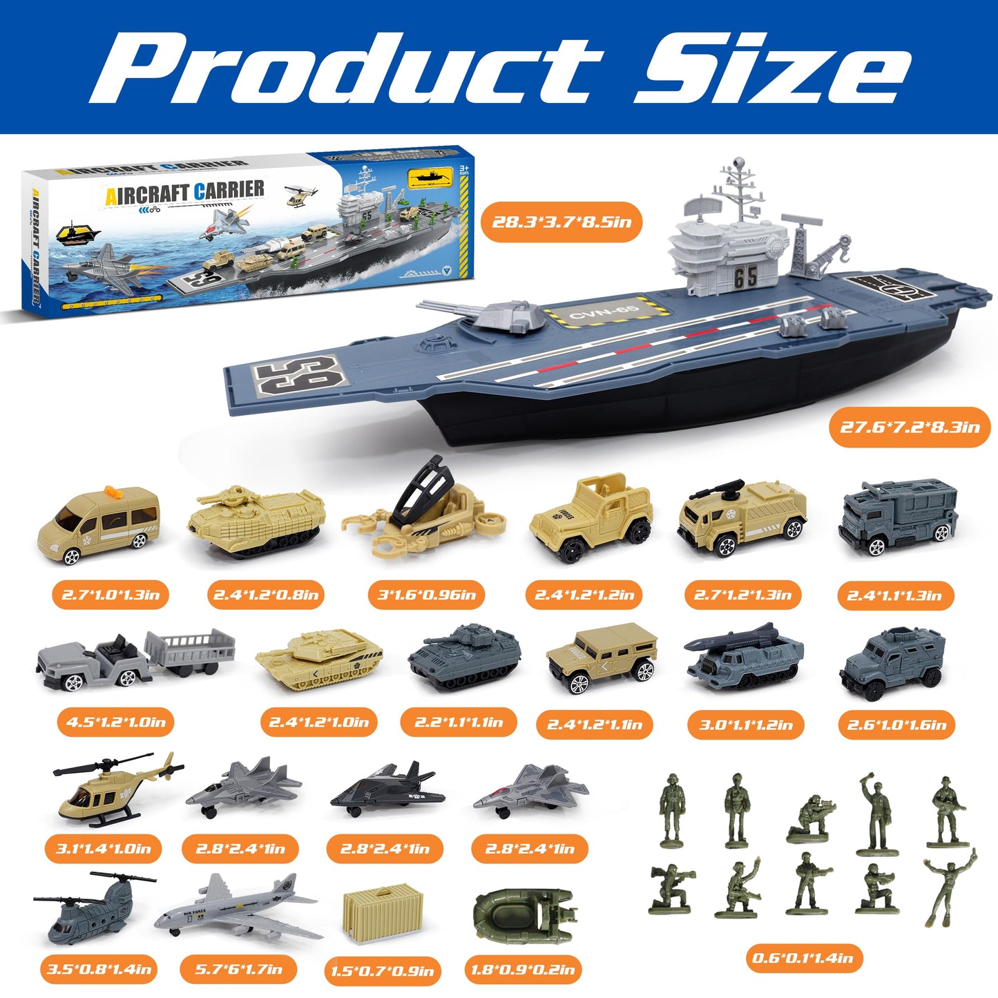 28 Inches Military Aircraft Carrier Toys, Army Toys Playset with 18 Vehicles, Battleship Tank Airplane Helicopter Fighter Jets and Army Men Action Figures for Boys Girls Imaginary Pretend Play