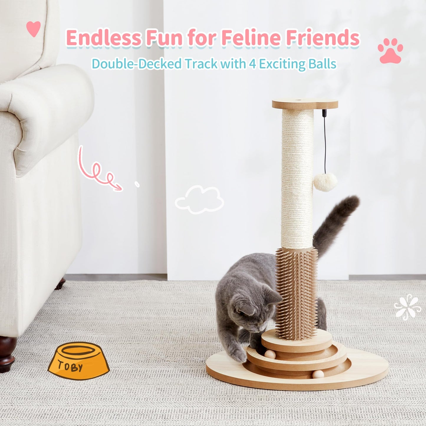 Made4Pets Wooden Cat Scratching Post with Interactive Toys & Brush Scratching Post for Indoor Cats/Kitten Toys 23" Tall Cat Scratcher with Dangling Plush Balls Modern for Medium/Small Cats