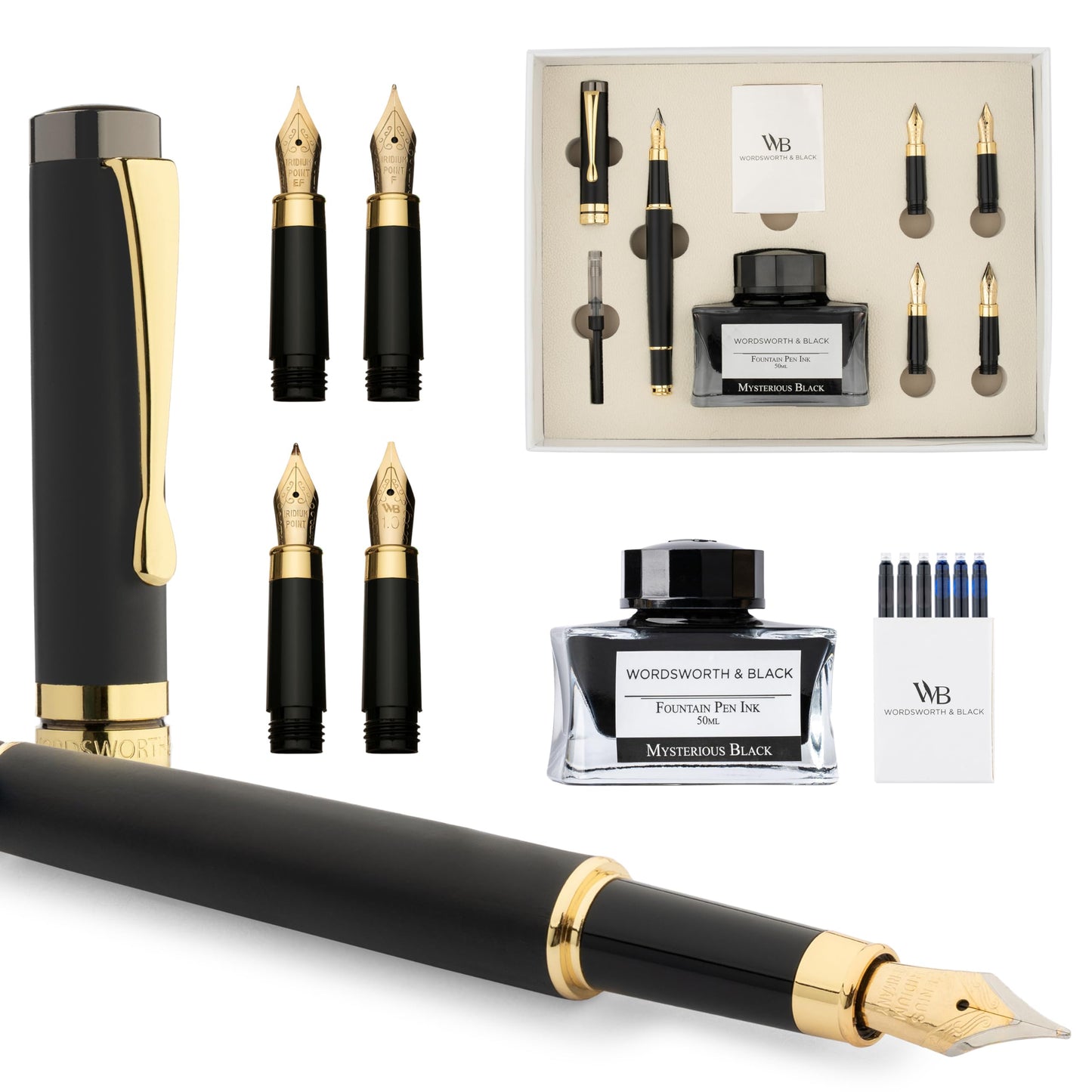 Wordsworth & Black Fountain Pen Gift Set, Includes Ink Bottle, 6 Ink Cartridges, Ink Refill Converter, 4 Replacement Nibs, Luxury Bamboo, Journaling, Calligraphy, Smooth Writing Pens [Black Wood]