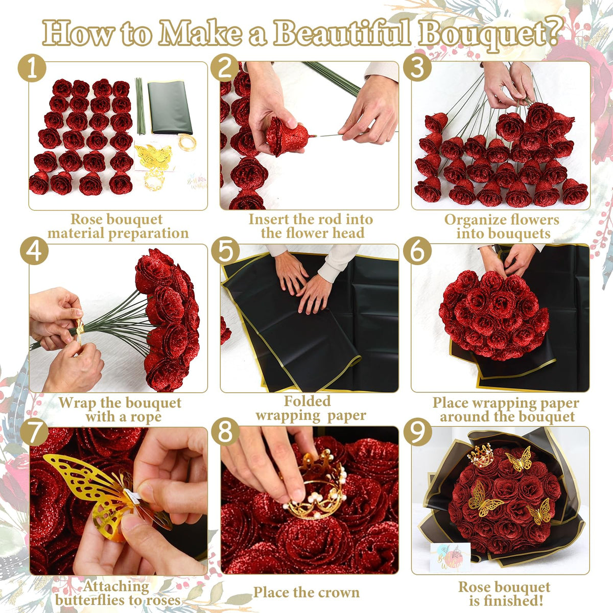 Dremisland Glitter Roses Bouquet 26 Pack DIY Glitter Flowers with Crown Butterfly Shiny Artificial Rose Birthday Gifts for Women, Mothers Day Flowers Anniversary Valentines Day Wedding Graduation Gift