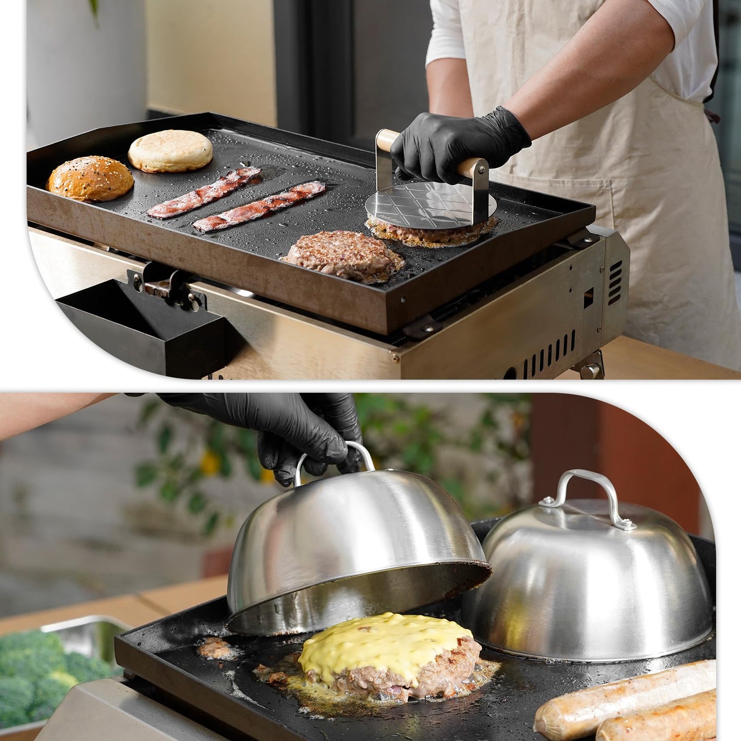 onlyfire 6PC Burger Set, Cheese Melting Dome & Burger Press Kit, Basting Cover with Burger Smasher & Grill Spatula & Hamburger Press Patty Maker for Outdoor Griddle BBQ