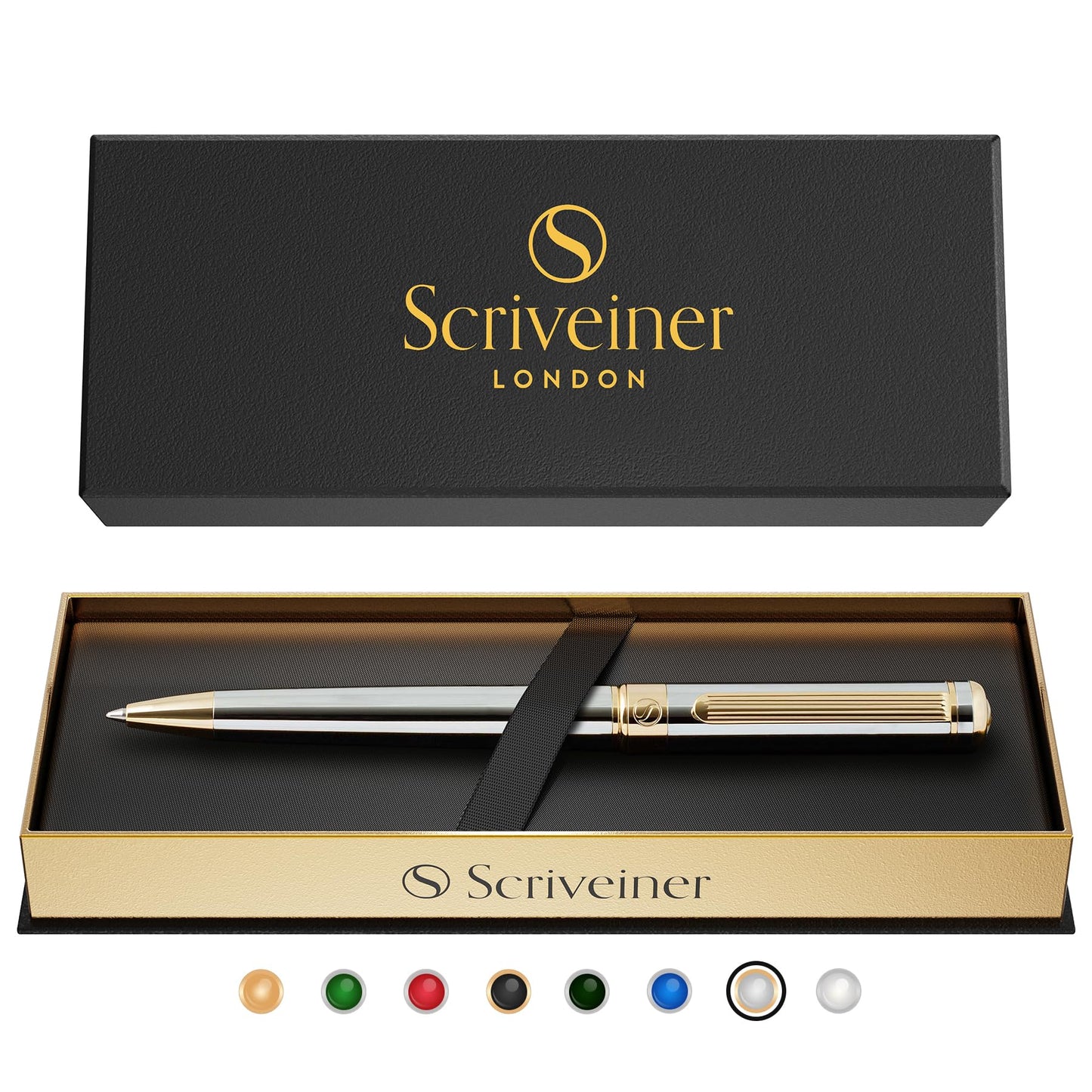 Scriveiner Silver Chrome Ballpoint Pen - Stunning Luxury Pen, Real Gold Plating, Schmidt Black Refill, Best Ball Pen Gift Set for Men & Women, Professional Executive Office, Nice Fancy Designer Pens