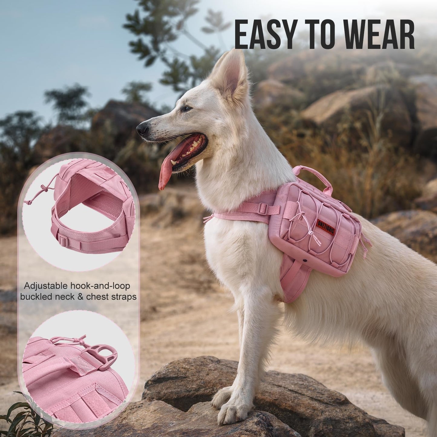 OneTigris Backpack for Dogs to Wear Pet Back Pack with Padded Handle and Leash Attachment Point for Dog with 17"-23.5" Neck Girth and 25"-31" Chest (Pink, Large)