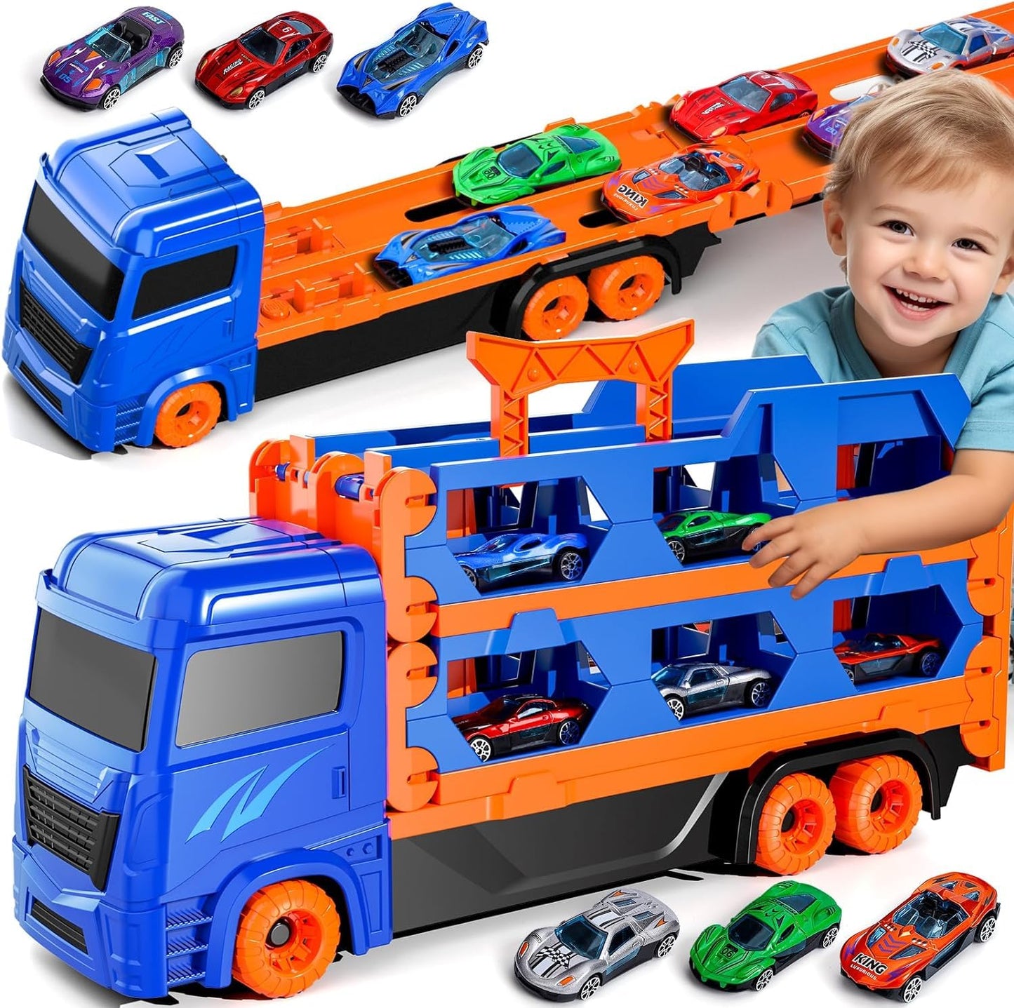 Toddler Toys for 3 4 5 6 Years Old Boys, Die-Cast Transport Truck Car Toys 61-Inch Race Track for Boys Kids, Toddler Car Toys Set for Kids Boy Girls