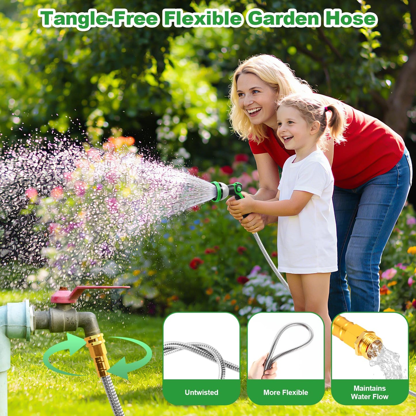 Toolasin Garden Hose 50FT, Flexible Stainless Steel Water Hose with 10-Function Nozzle, No-Kink, Leak-Proof, Anti-Pets, Wear-Resistant, 3/4 GHT, Easy to Use and Store, Ideal for Garden, Yard, Outdoor