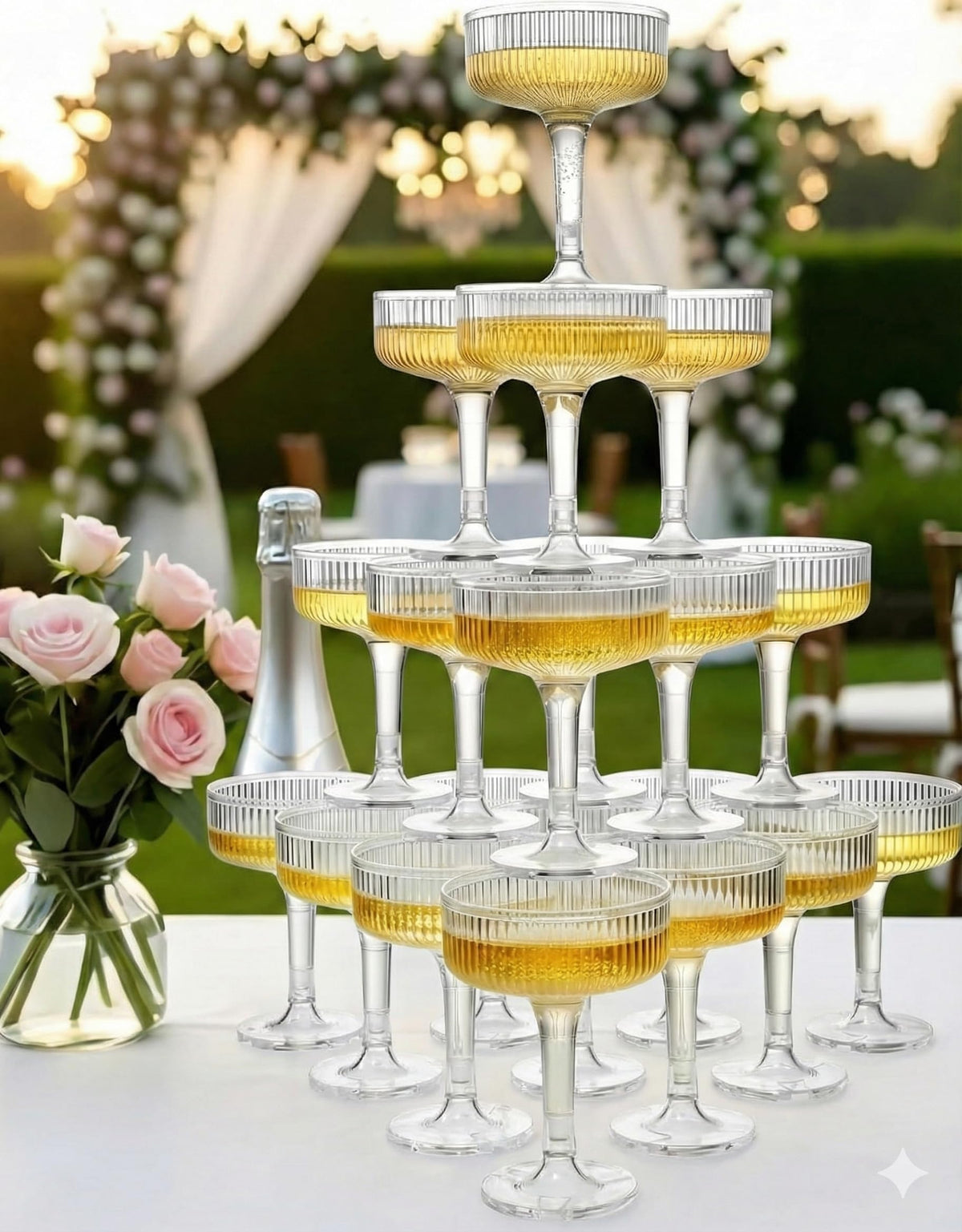 SOBECHOI 4-Tier Champagne Tower with 20 PCS 7oz Gold Glitter Plastic Flutes, Butterfly Shape Vertical Stripes Design - Shatterproof Reusable Toast Glasses for Weddings, Celebrations