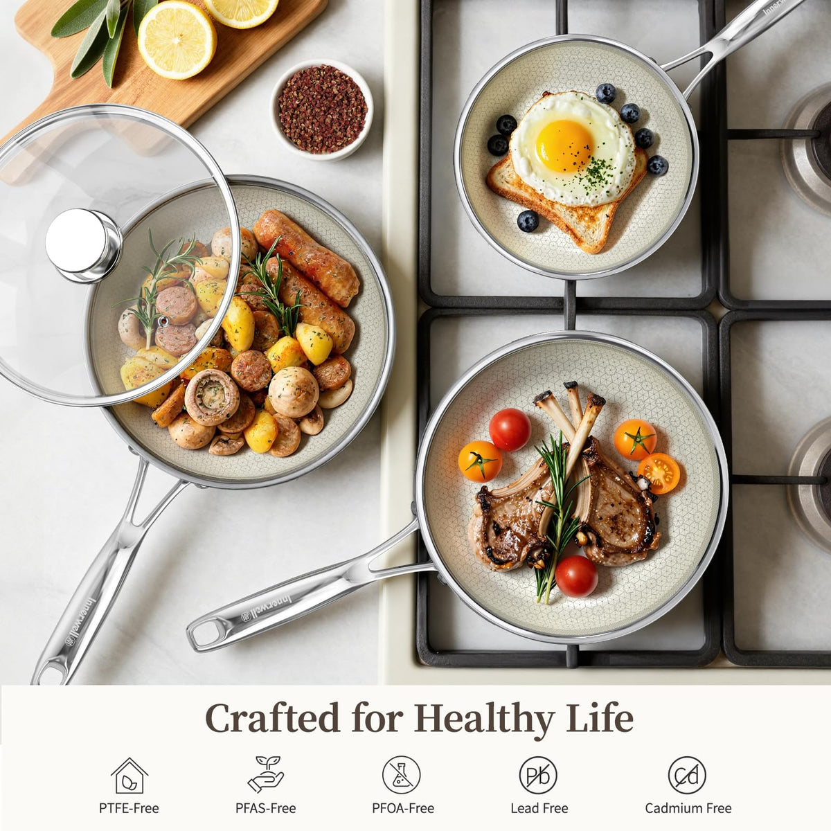 10 Inch Non Stick Frying Pan with Lid, Ceramic Hybrid Tri-Ply Stainless Steel Non Stick Skillet Pan W/Lid Healthy Nonstick Cookware Induction Omelette Chef Frying Pan, Oven Safe, PFAS/PFOA/PTFE Free
