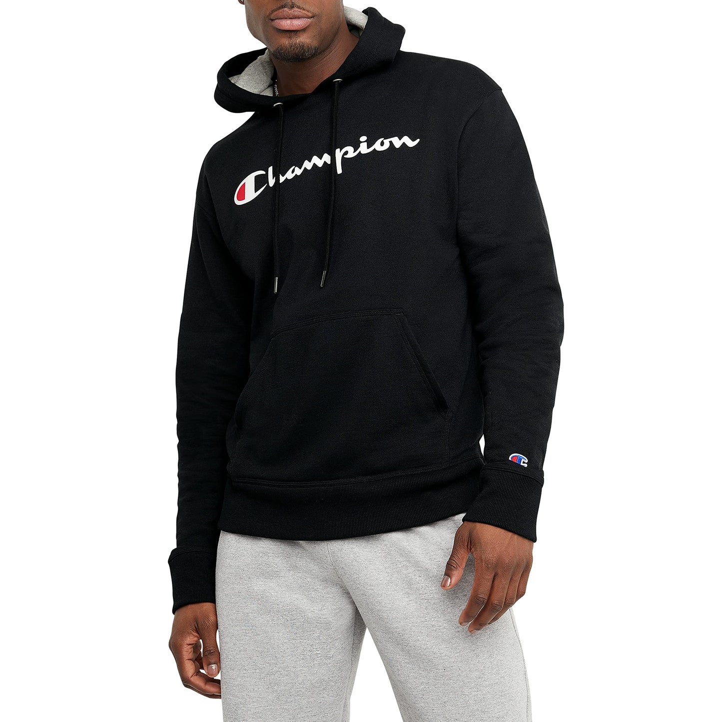 Champion Men's Graphic Powerblend Fleece Hoodie, Black Script, Medium