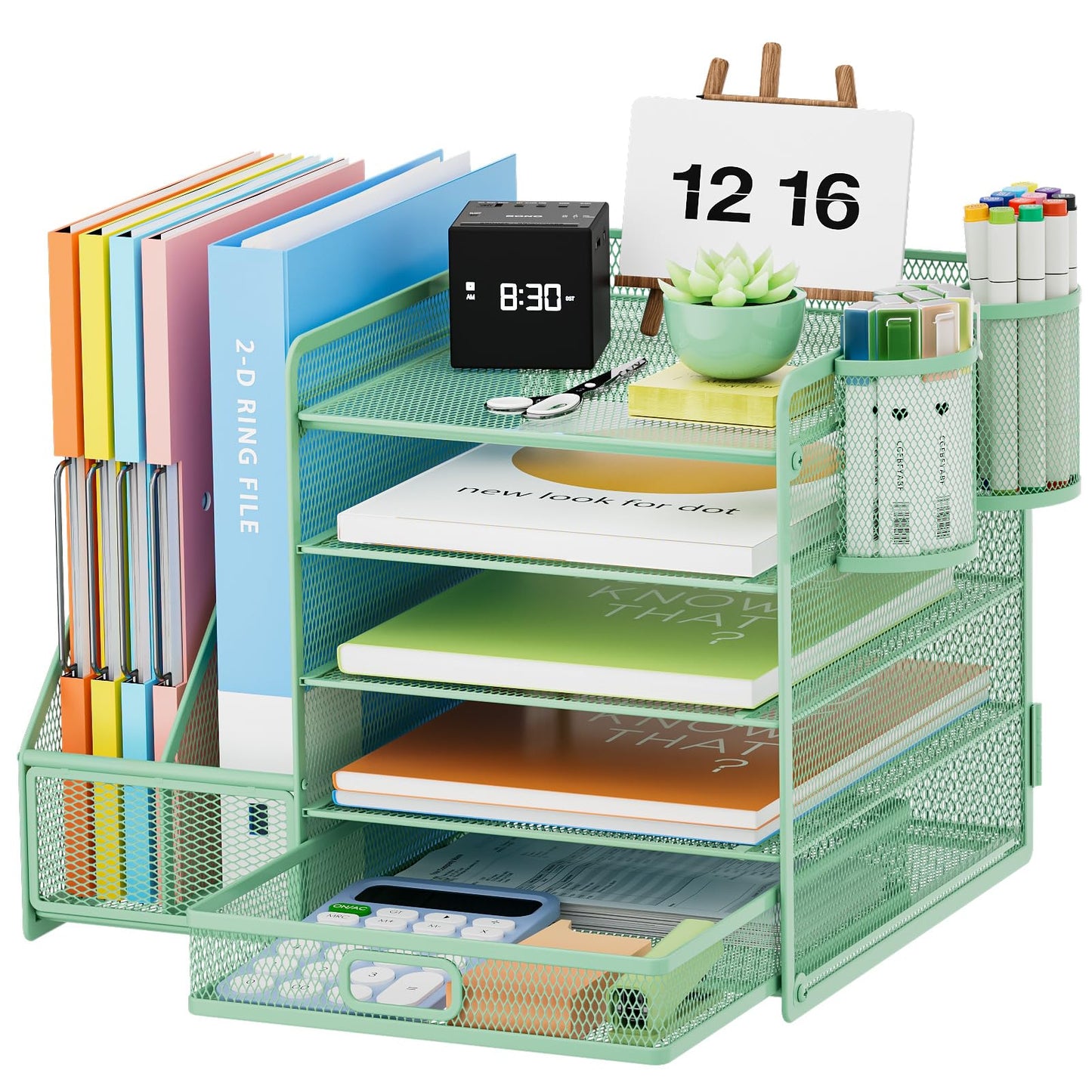 Marbrasse Desk Organizer with File Holder, 5 Tier Paper Letter Tray with Drawer and 2 Pen Holders, Document Organizer with Magazine Holder for School, Home, Office Supplies (Green)