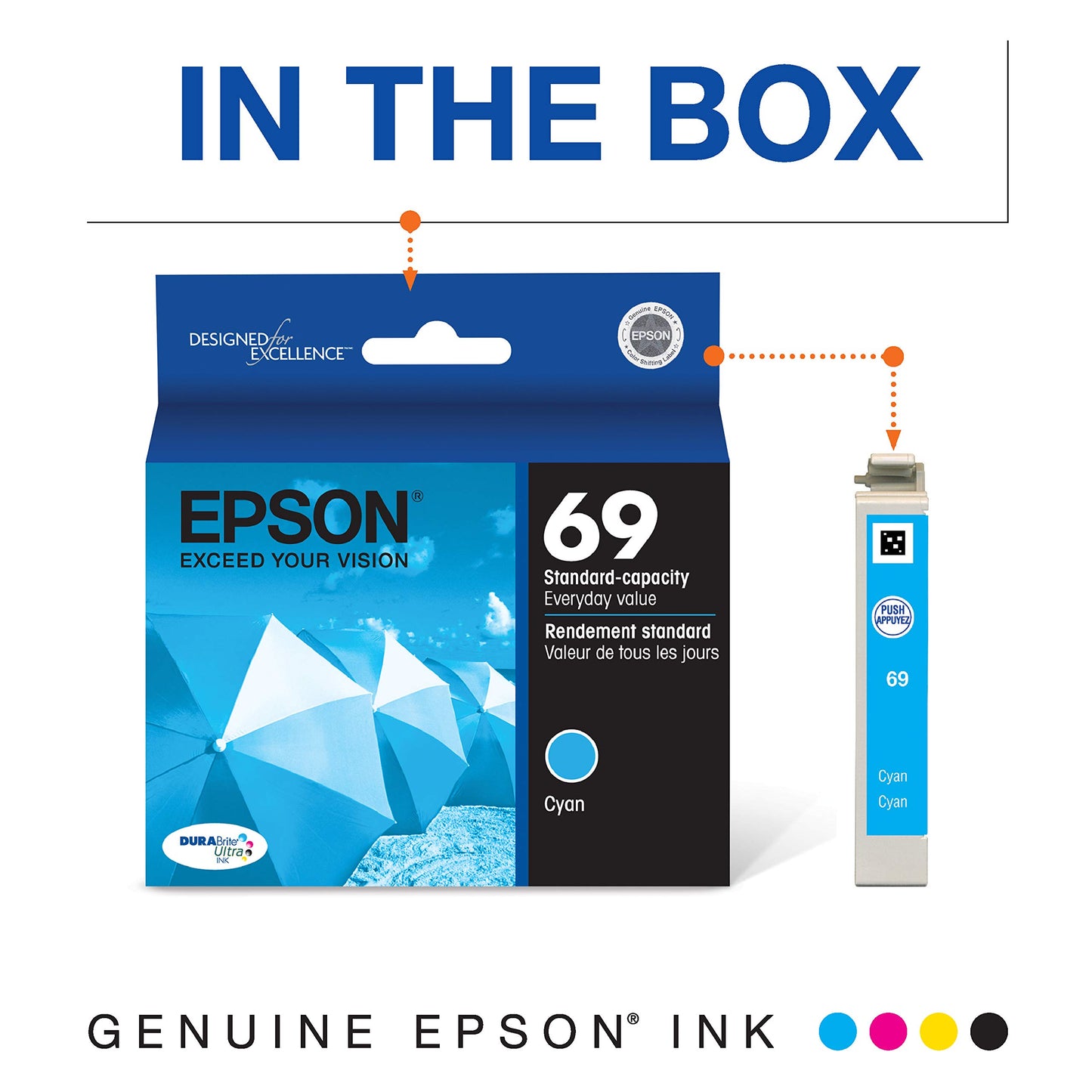 EPSON 69 DURABrite Ultra Ink Cyan for CX-6000, 7000F, 7400, 8400, 9400, 9475 ; NX-400, 415, 510, 515; WF-1100, 600, 610 and Other Select Models