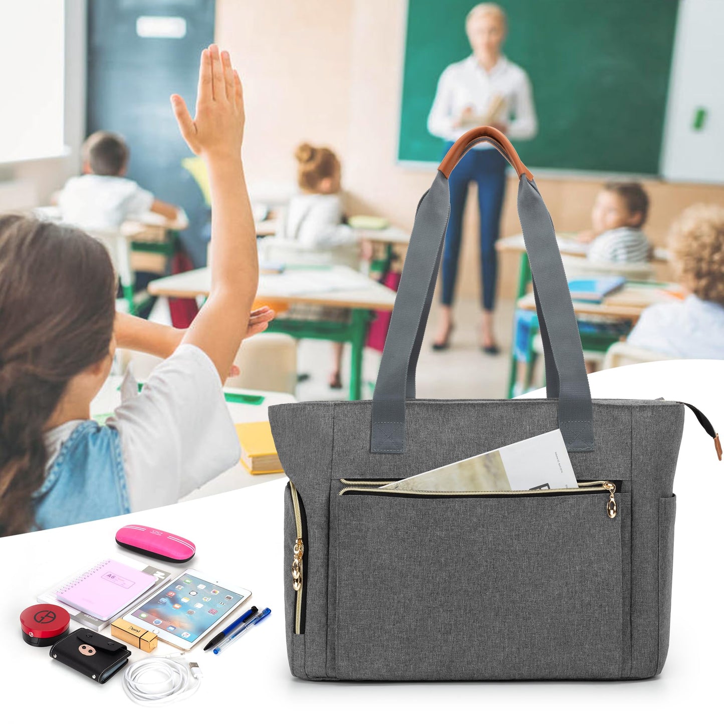 CURMIO Teacher Tote Bag for Women, Portable Teacher Work Bag with Padded Sleeve and Compartments for Laptop, School Supplies, Ideal Gifts for Teachers, Gray, Bag Only