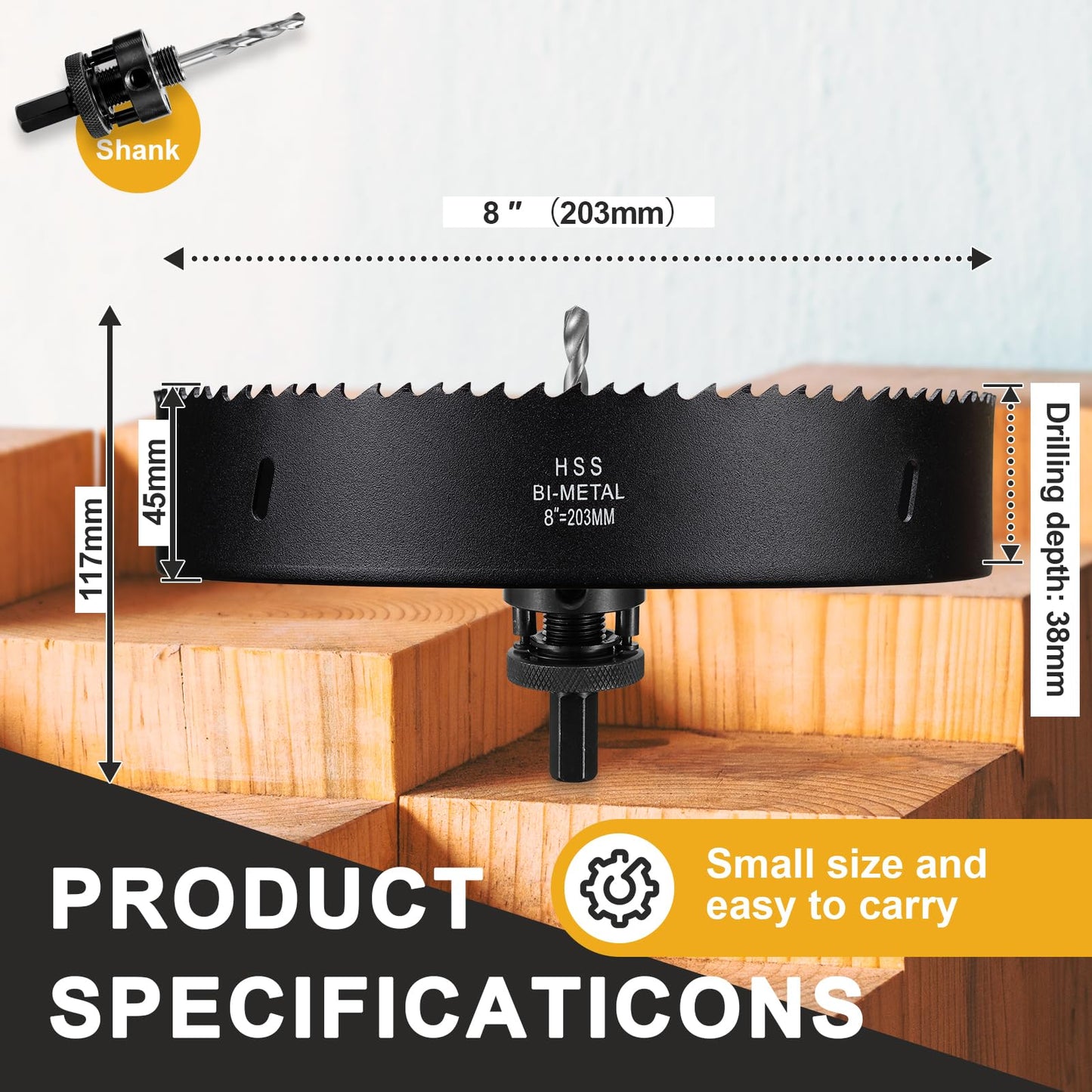 8 inch Hole Saw Drill Bit for Metal and Wood, M42 Bi-Metal Hole Cutter with 1.5” Cutting Depth for Plywood, Fiberglass, Acrylic, Drywall and Sheet Steel