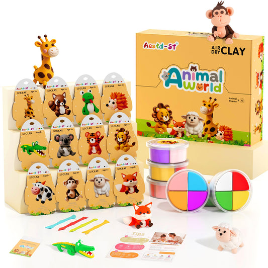 Air Dry Clay Kit - Animal Theme, Modeling Clay for Kids, DIY Model Magic clay with Sculpting Tools and Tutorials, 12 Boxes Molding Clay, Ultra Light, Soft & Non-Sticky, Arts and Crafts Gift for Kids.