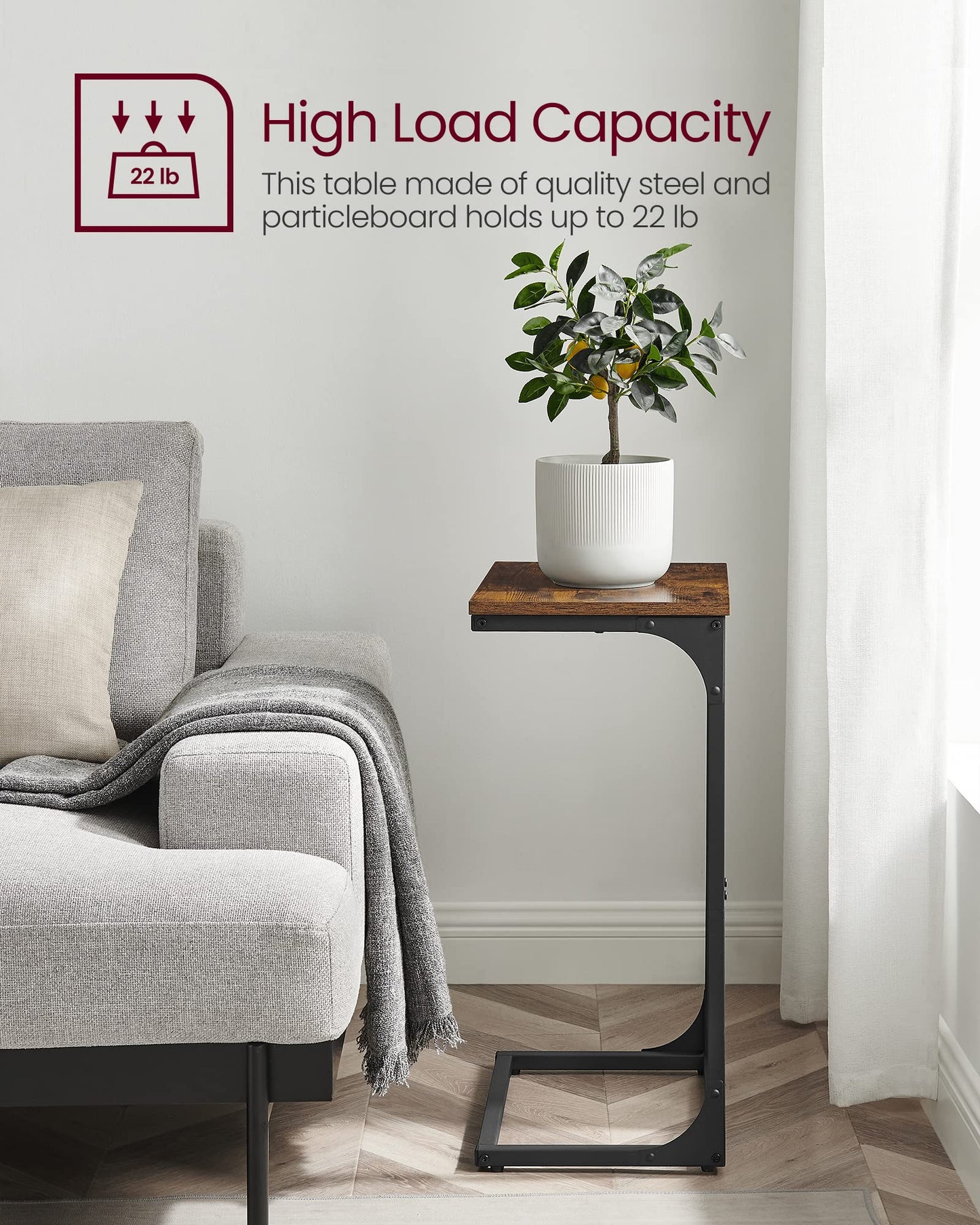 VASAGLE C-Shaped End Table, Side Table for Sofa, Couch Table with Metal Frame, Small TV Tray Table for Living Room, Bedroom, Rustic Brown and Black