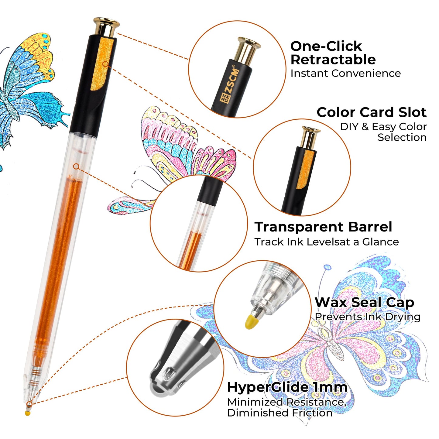 Retractable Super Glitter Gel Pens, 24 Colors Large Capacity Metallic Sparkle Gel Ink Pens, 1 mm Fine Point Smooth Writing Color Pen for Adult Coloring Book Note Taking Aesthetic Art Supplies
