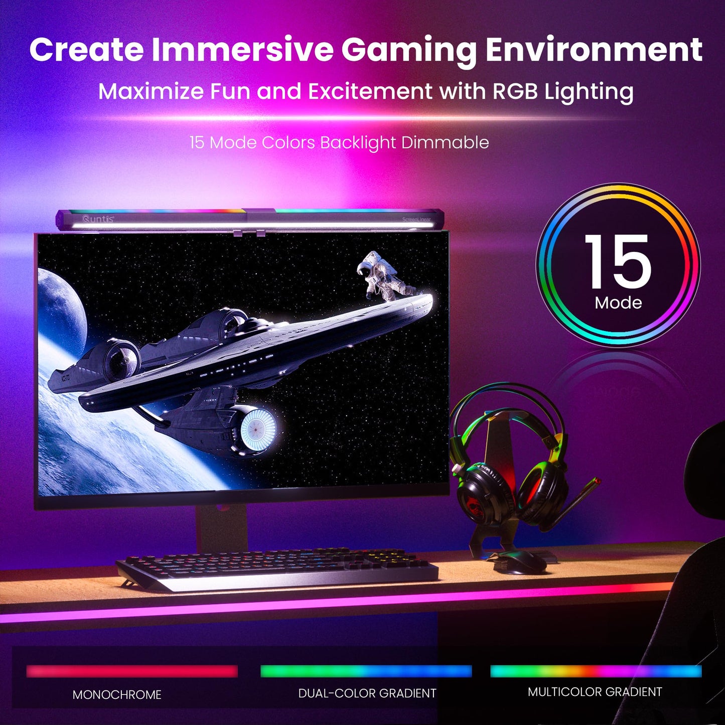 Quntis RGB PRO Monitor Light Bar 20'', USB-Powered Longer RGB Backlight, Screen Gaming Light Bar with Touch Control, Dimmable No Screen Glare Computer Desk Lamp, e-Reading Lamp for Task Home Office