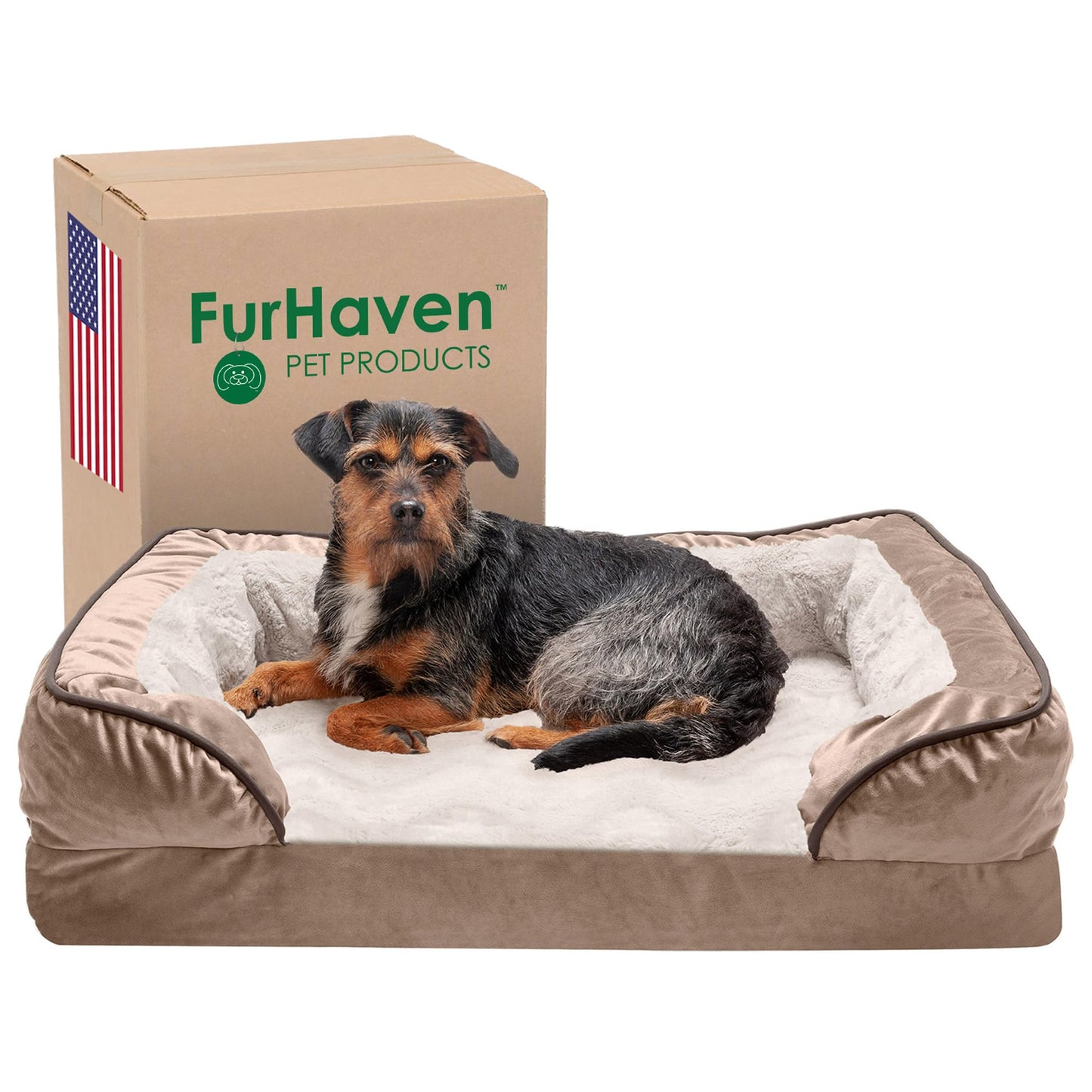 Furhaven Memory Foam Dog Bed for Medium/Small Dogs w/Removable Bolsters & Washable Cover, for Dogs Up to 35 lbs - Plush & Velvet Waves Perfect Comfort Sofa - Brownstone, Medium