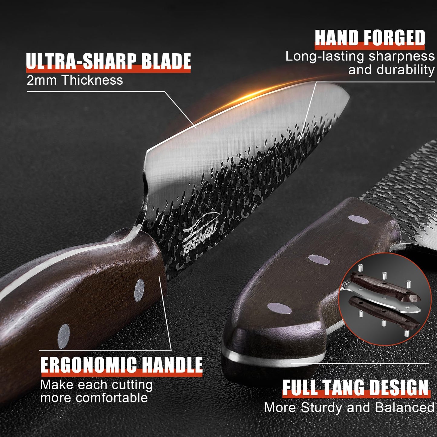 Topfeel Chef Knife 3PCS, High Carbon Hand Forged Stainless Steel Japanese Knife Sets, Ultra Sharp Professional Kitchen Knife Sets with Wood Ergonomic Handle