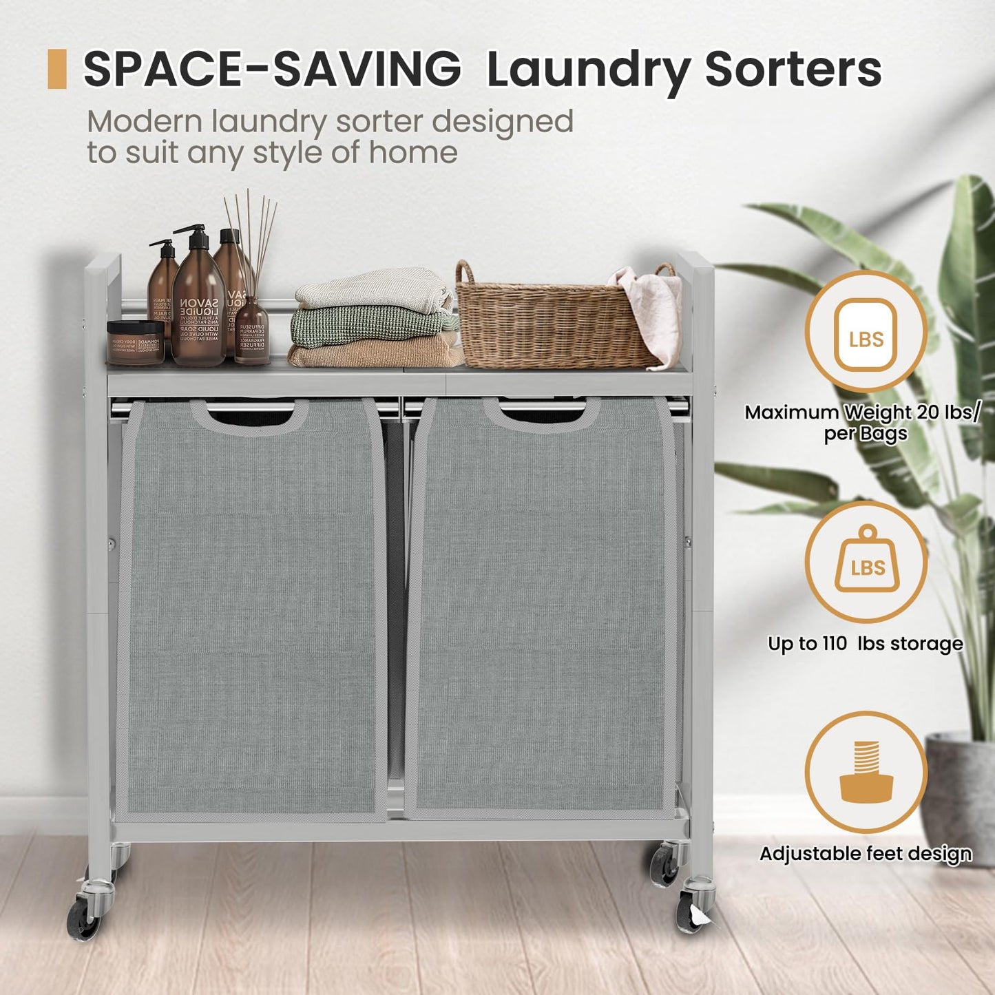 SwaaVee Laundry Hamper Basket, Laundry Sorter with 2 Removable Bags, Clothes Basket with 2 Compartments, Wheels, Shelf for Laundry Room Bathroom Bedroom (2 Bags-Grey)