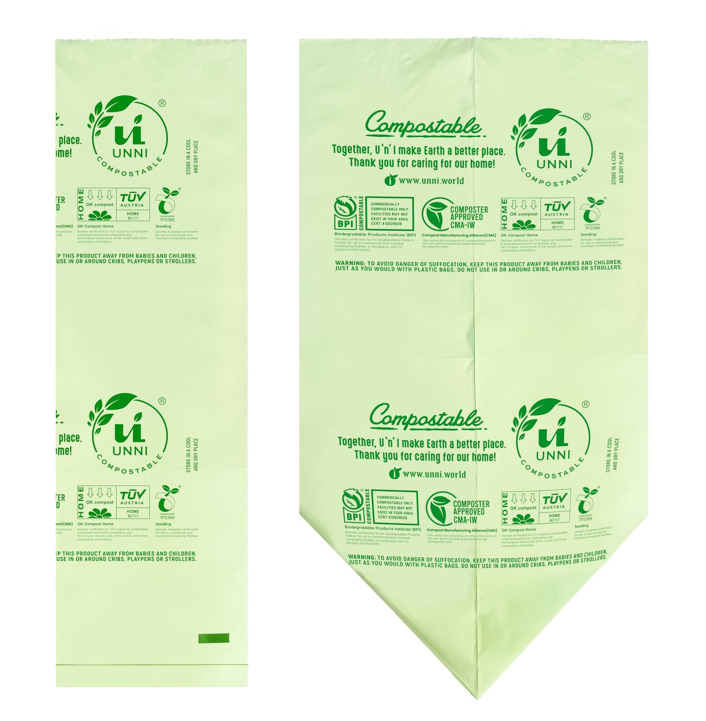 UNNI Compostable Trash Bags, 4 Gallon / 15 Liter, 200 Count, Extra Thick 0.75 mil Small Kitchen Food Scrap Bin Liners, BPI, CMA & OK compost HOME Certified (Meets ASTM D6400)