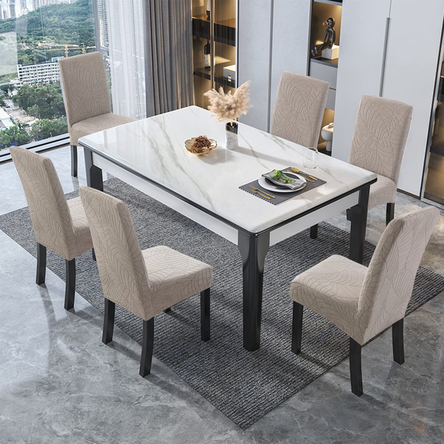 Genina Chair Covers Set of 4, Waterproof Dining Room Chair Covers Stretch Chair Slipcovers Protector for Dining Room Chair (Warm Grey Leaves, 4PCS)