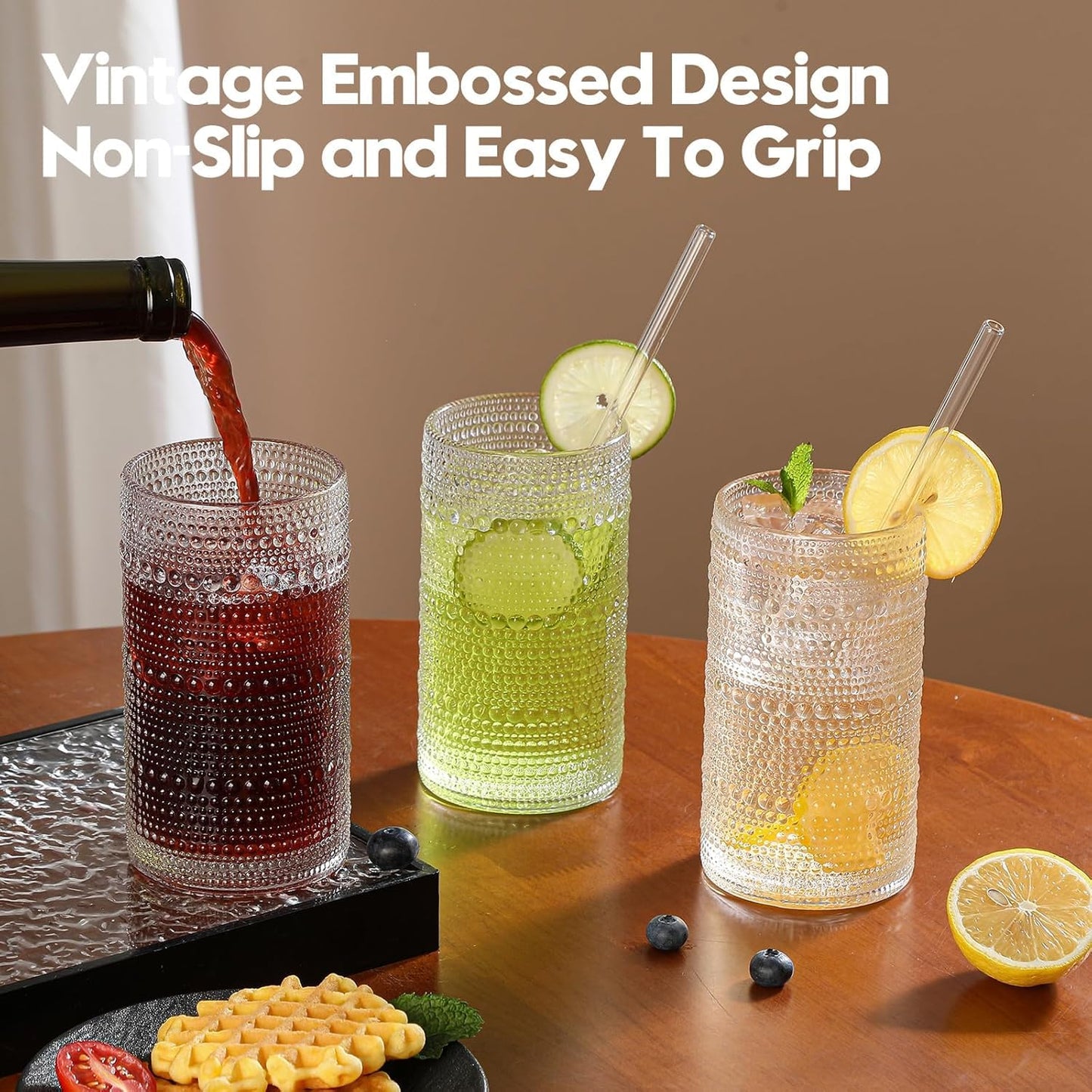 HEFBCOMK Vintage Hobnail Drinking Glasses Set of 6, 16 oz Large Capacity Embossed Clear Tumblers, Highball Glasses for Water, Cocktail, Beer, Whiskey, Juice and Various Mixed Drinks