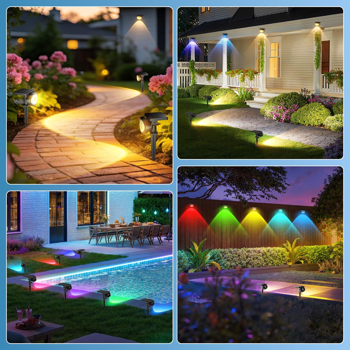 Quntis 6-Pack RGBCW Solar Spot Lights Outdoor, Upgrade Brighter Optical Lens,10 Color Changing Solar Landscape Spotlights,Waterproof Wall & Ground Solar Lights Outdoor for Garden Yard Path Wall
