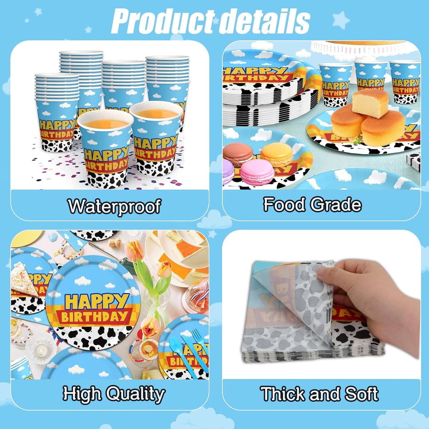 Inspired Story Birthday Party Supplies Cartoon Story Birthday Party Decorations Cartoon Story Plates and Napkins Tableware Set Blue Cloud Cow Print Party Supplies
