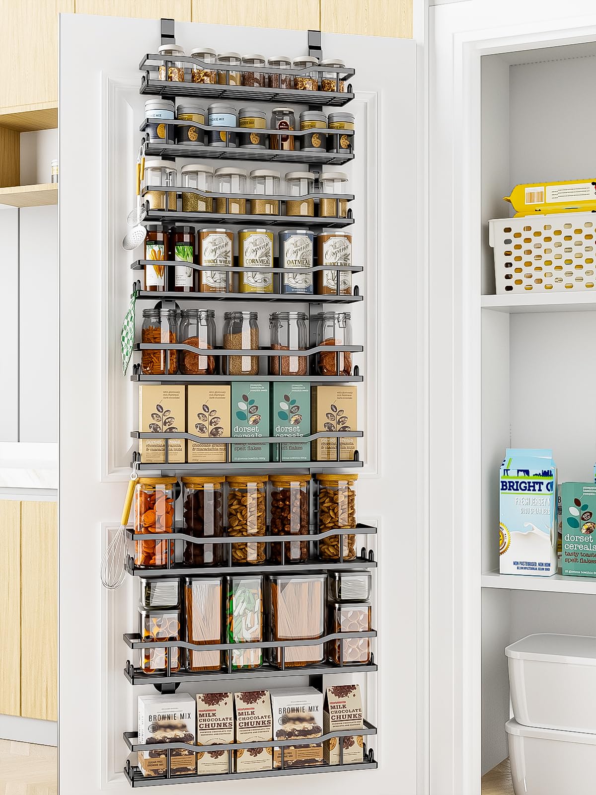 MSERCUOR 9-Tier Over The Door Pantry Organizer Rack，Adjustable Metal Basket Spice Rack Seasoning Shelves, Hanging Spice Rack for Pantry Door, Kitchen Laundry Fit Wider Door (9 Tier Black)