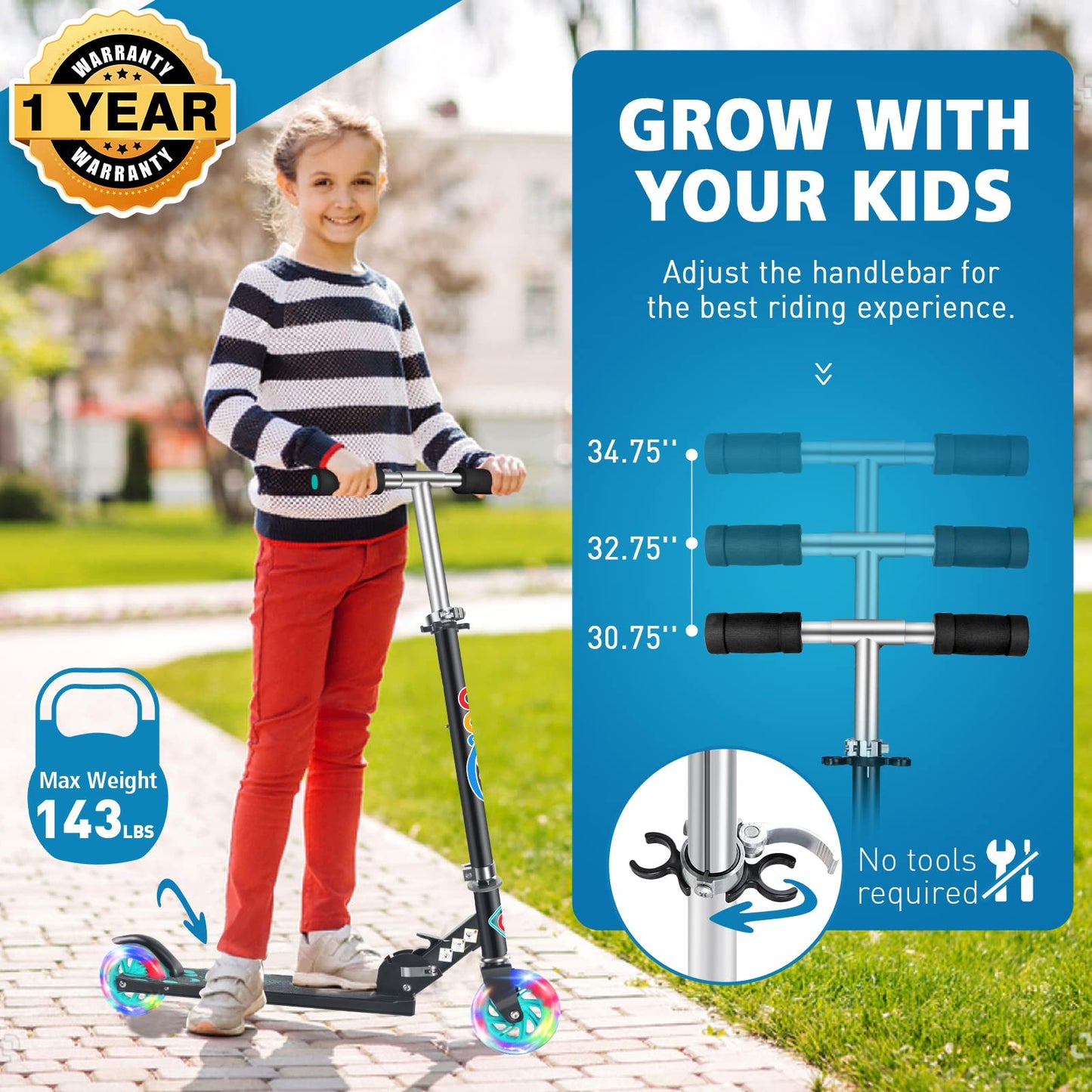 BELEEV V1 Scooter for Kids Ages 3-12, 2 Wheel Folding Kick Scooter for Children Girls and Boys, 3 Adjustable Height, LED Light Up Wheels, Lightweight Scooter with Sturdy Kickstand