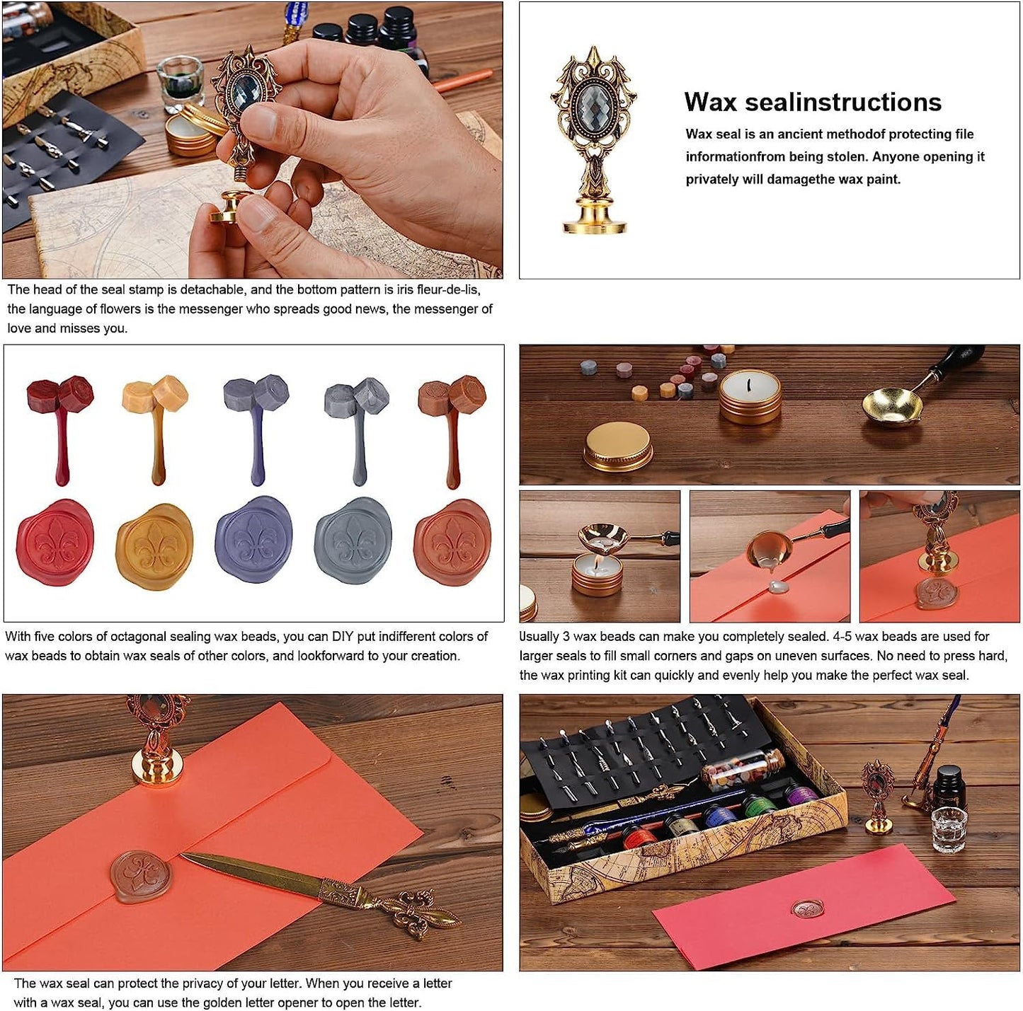 Joyeee Feather Calligraphy Pen and Ink Set, with Vintage Writing Quill Pen, Glass Dip Pen, Wooden Dip Pen, Pen Nibs, Pen Holder, Cup, Wax Beads, Seal Stamp, Melt Spoon and Gift Boxes #83