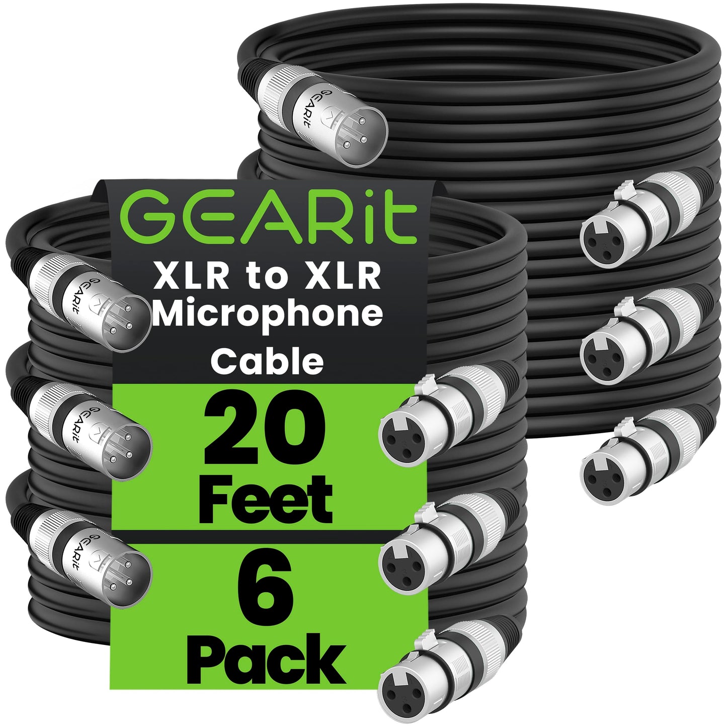 GearIT 20ft, 6-Pack XLR Male to Female Mic Cable, 3-Pin Balanced Shielded, Black, for Mic Mixer, Recording Studio, Podcast