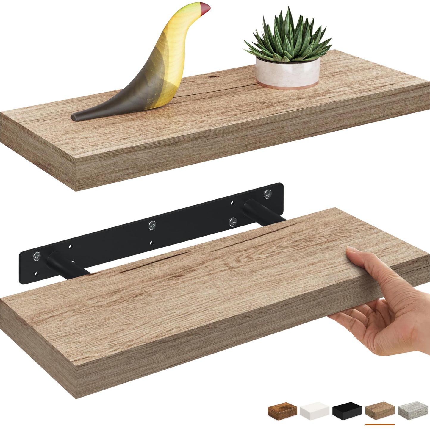 Ballucci Floating Shelves, 16" Wood Wall Shelf Set of 2, Invisible Brackets Floating Shelf Bathroom Wall Decor, Living Room, Bedroom, Kitchen, Nursery, 6" Deep, Natural Oak