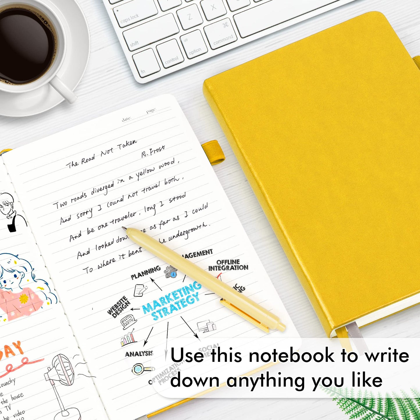 5 Pack Notebooks Journals Bulk with 5 Black Pens, Feela A5 Hardcover Notebook Classic Ruled Lined Journal Set with Pen Holder for School Business Journaling Note Taking, 120 GSM, 5.1”x8.3”, Yellow