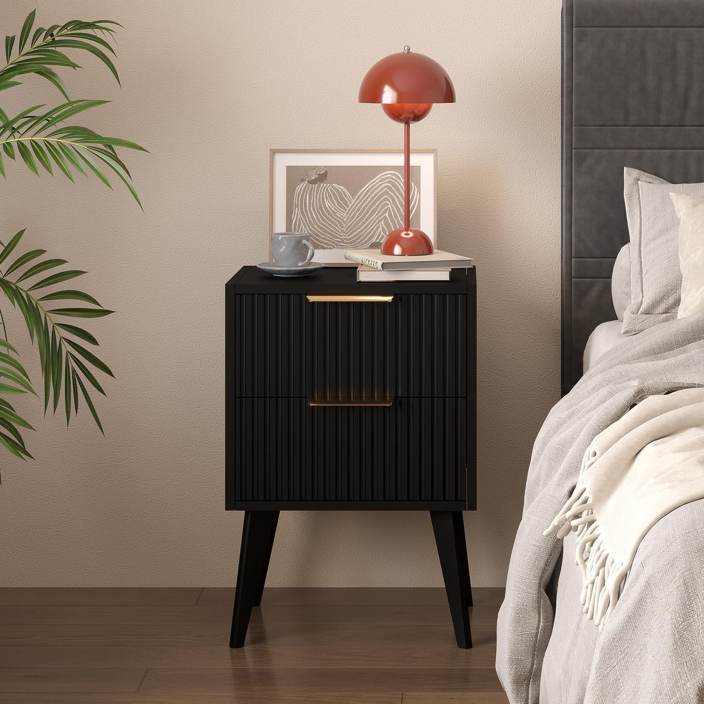 YAUKOMEL Small Night Stand,Bedside Table,Black Nightstand with 2 Storage Drawers,Fluted Side Table with Solid Wood Legs,Mid Century End Table for Living Room,Bedroom,Small Space,Black CAACTG55BK