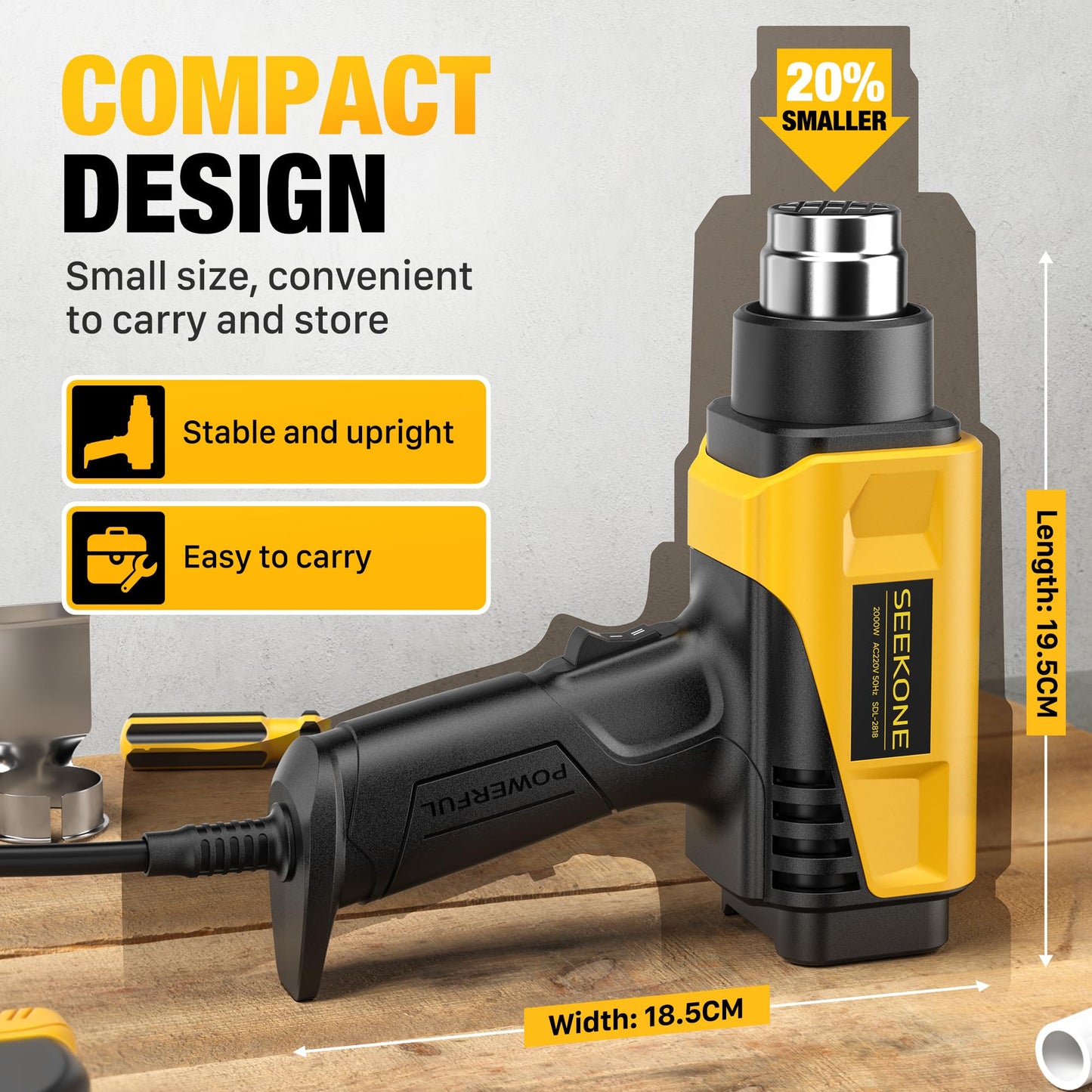 SEEKONE 1800W Heat Gun Compact Design Heavy Duty Hot Air Gun 122℉-1202℉（50℃- 650℃）Variable Temperature Control for 2 Speed Settings with 4 Nozzels for Crafts, Vinyl Wrap, Shrink Tubing