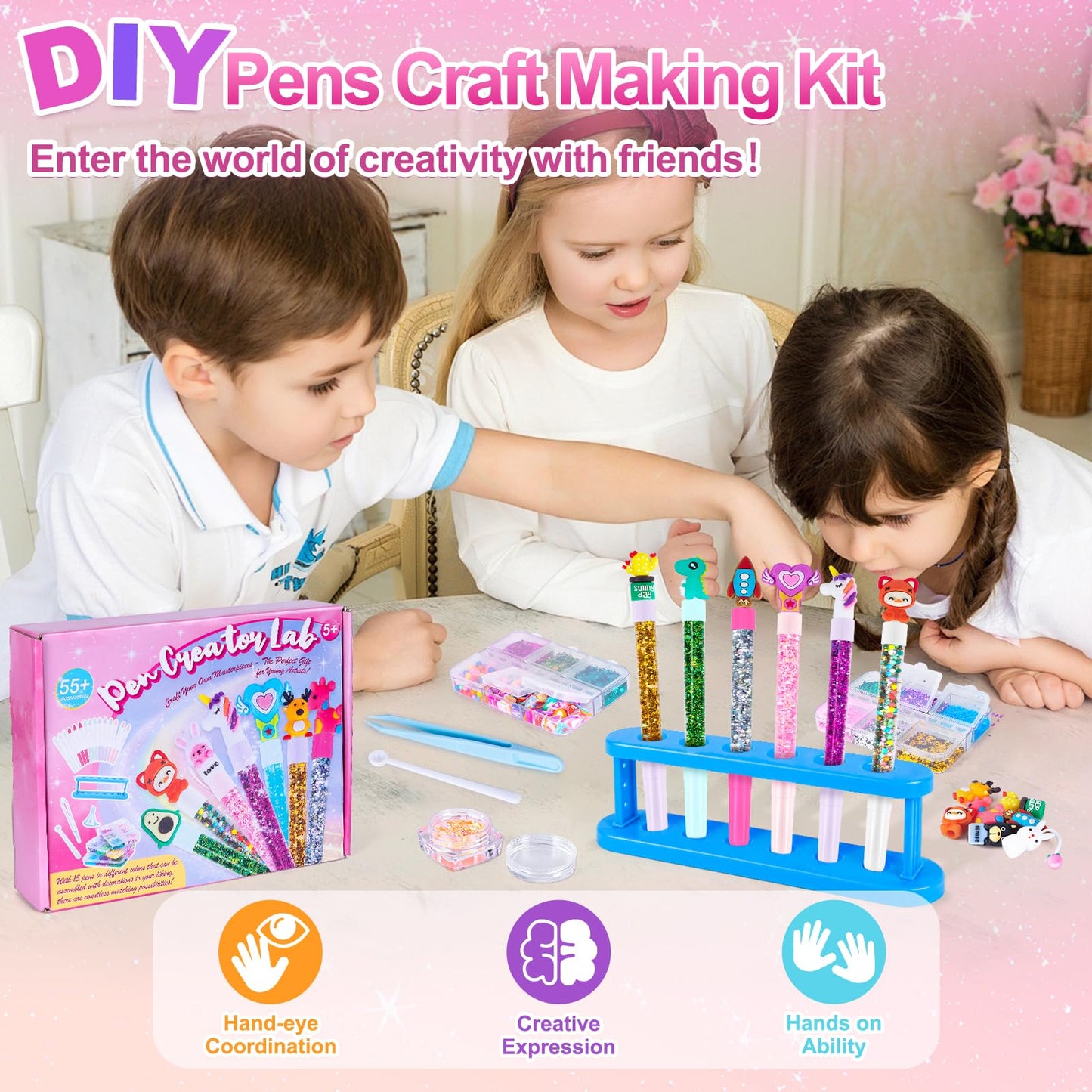 Subao DIY Pens Marker for Kids, Glitter Gel Pens Kits 15 Pack, Create Your Own Cute Pen, Creative Personalized Pen Set, Art and Craft Kits for Girls Boys Birthday Christmas Gifts