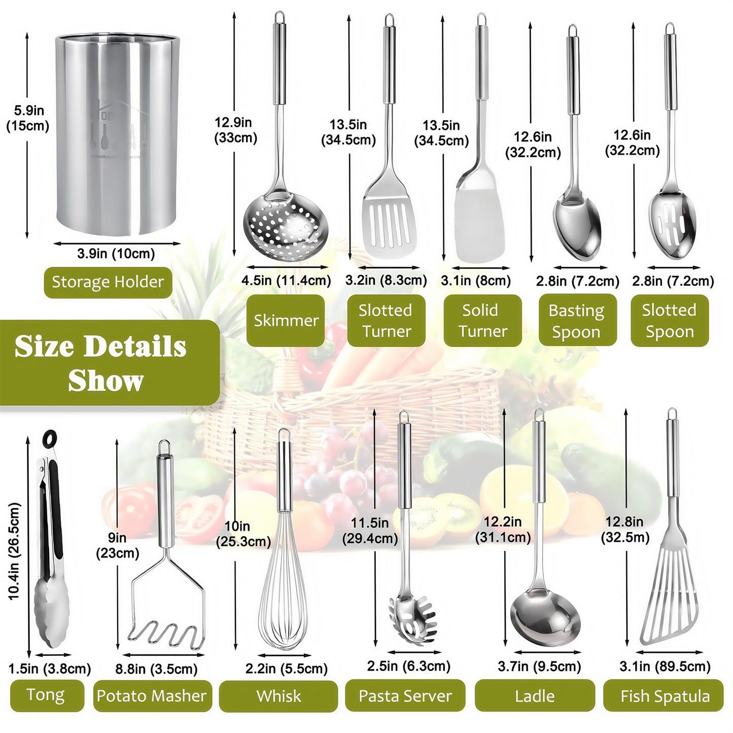 Stainless Steel Kitchen Utensils Set - 12pcs Cooking Utensil Set with Holder, Heat Resistant Metal Spatula Sets for Cooking, Stainless Steel Utensils Set with Turner Potato Masher Spoon Tong Whisk