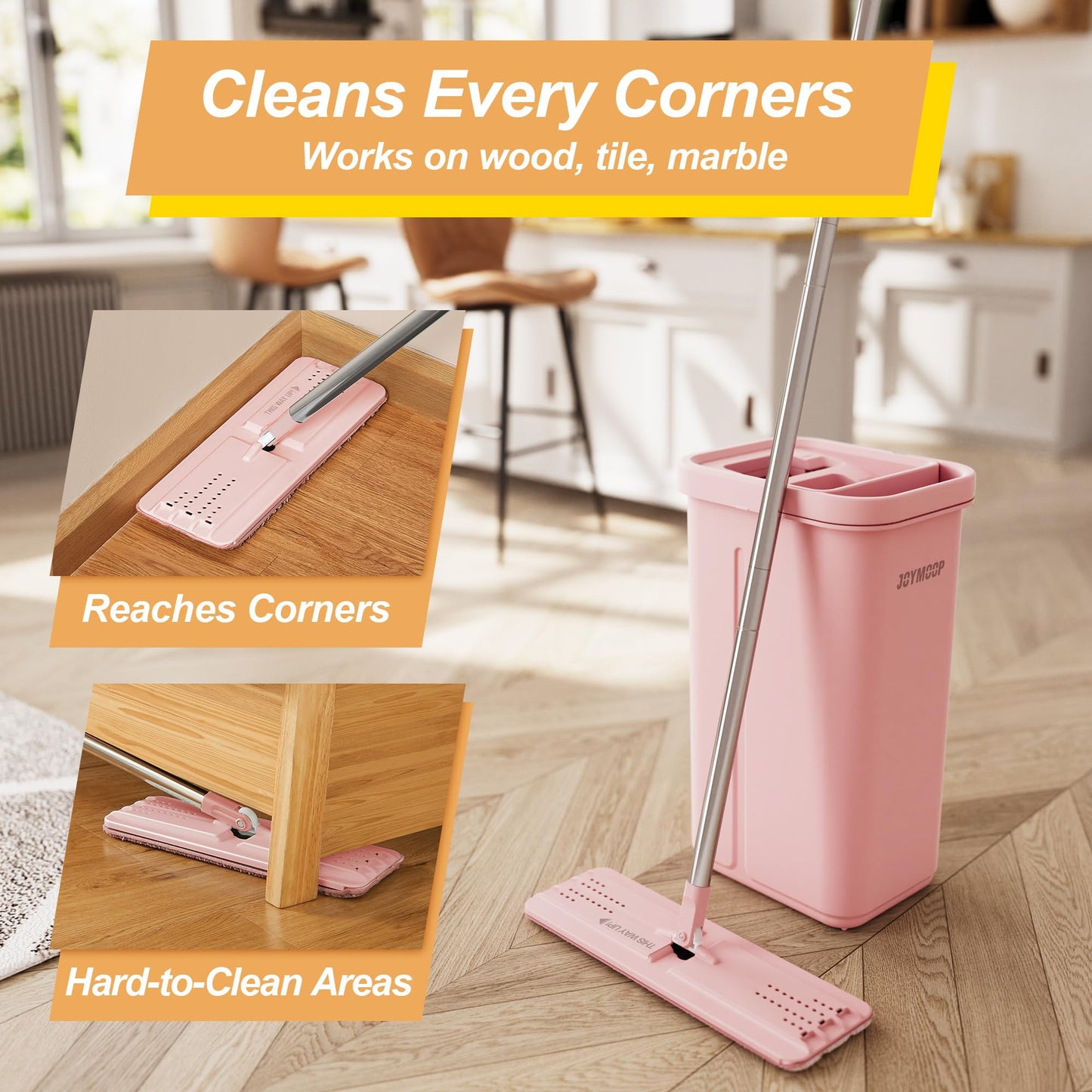 JOYMOOP Mop and Bucket with Wringer Set, Hands Free Flat Floor Mop and Bucket, 60" Mop with 5 Reusable Microfiber Pads, Wet and Dry Use, Floor Cleaning System - Pink