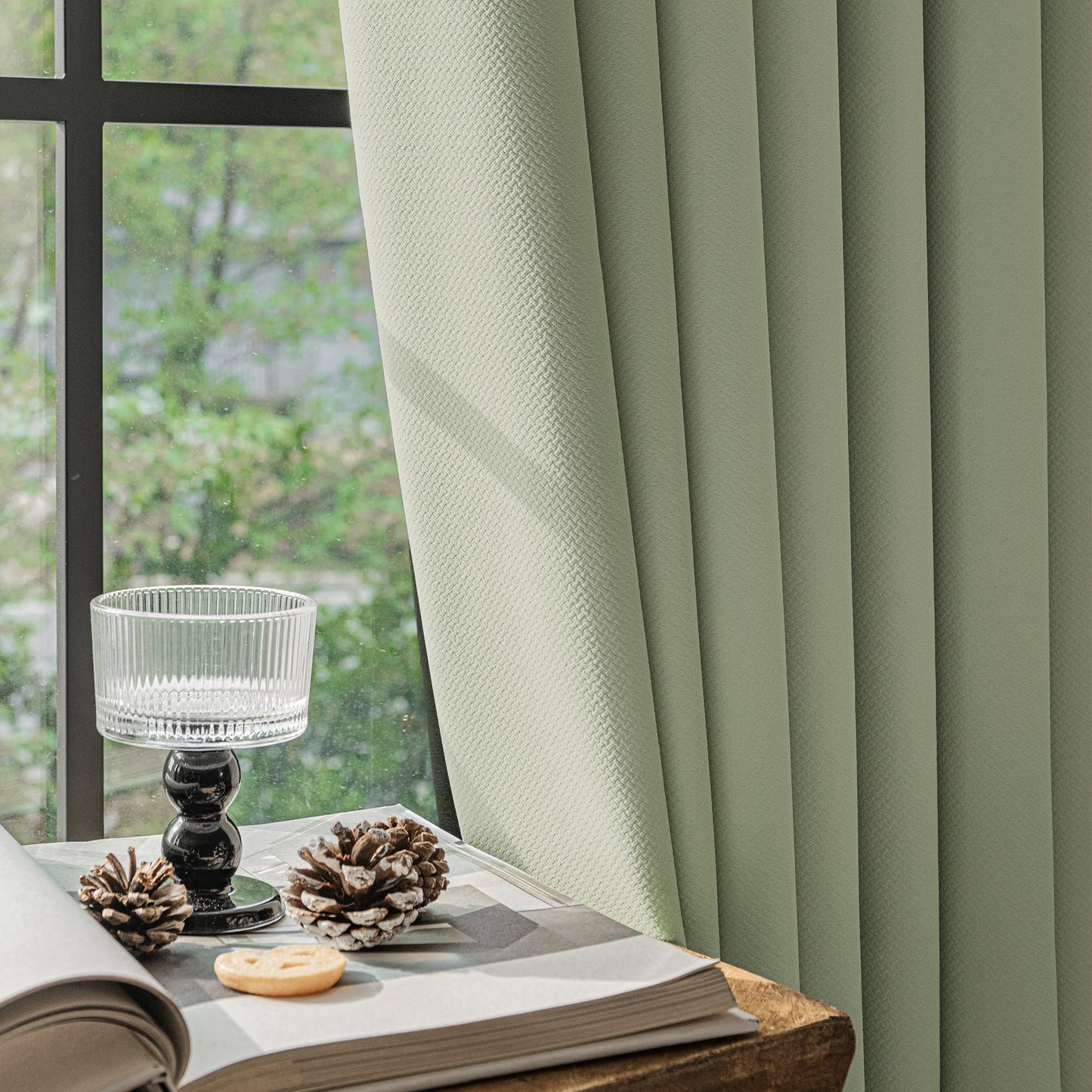 FMFUNCTEX 100% Green Blackout Curtains for Bedroom, Sage Green Weave Textured Curtains 84 Inches Long for Living Room Darkening Thermal Insulated Curtains, Solid Black Out Drapes Grommet 2 Panels
