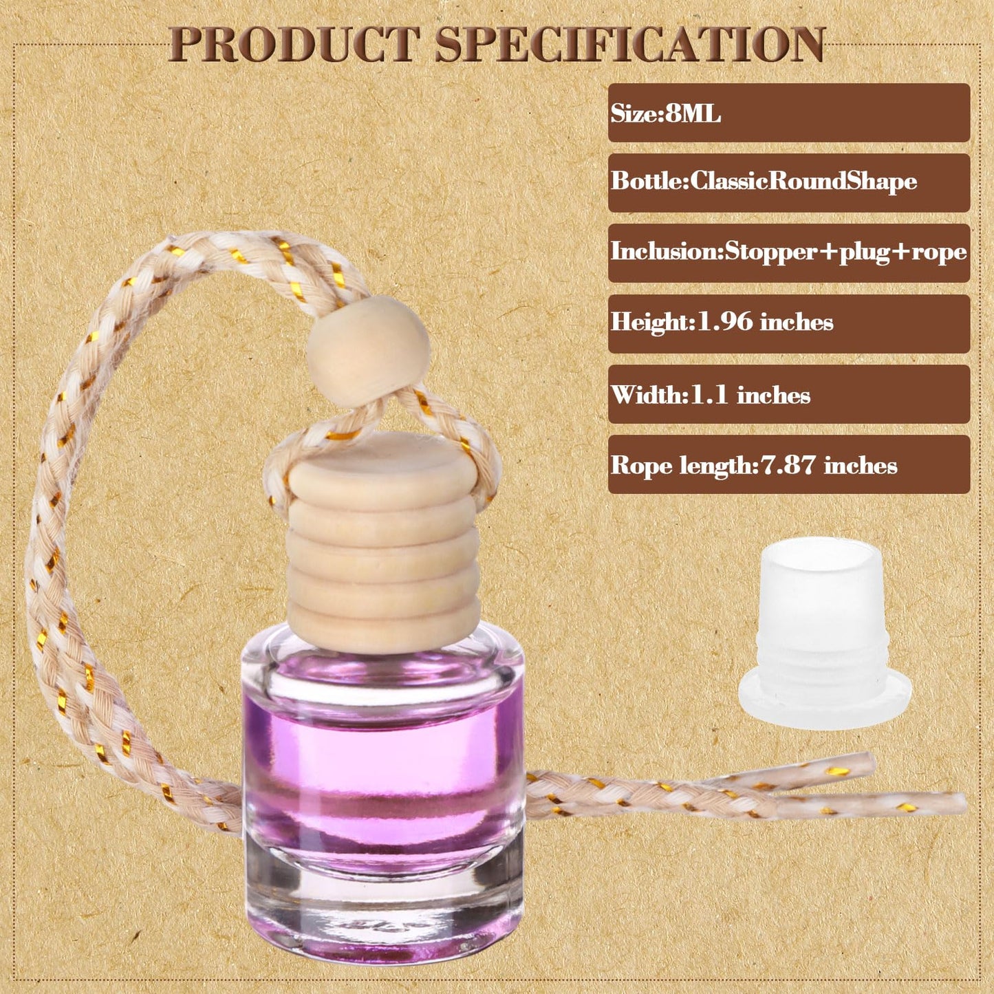 RZJSLSHANHAI 50 Pcs 8ml Hanging Car Air Freshener Diffuser Cylindrical Shape Empty Clear Glass Essential Diffuser Oil Aromatherapy Fragrance Perfume Car Air Freshener Perfume Bottle with Wooden Cap