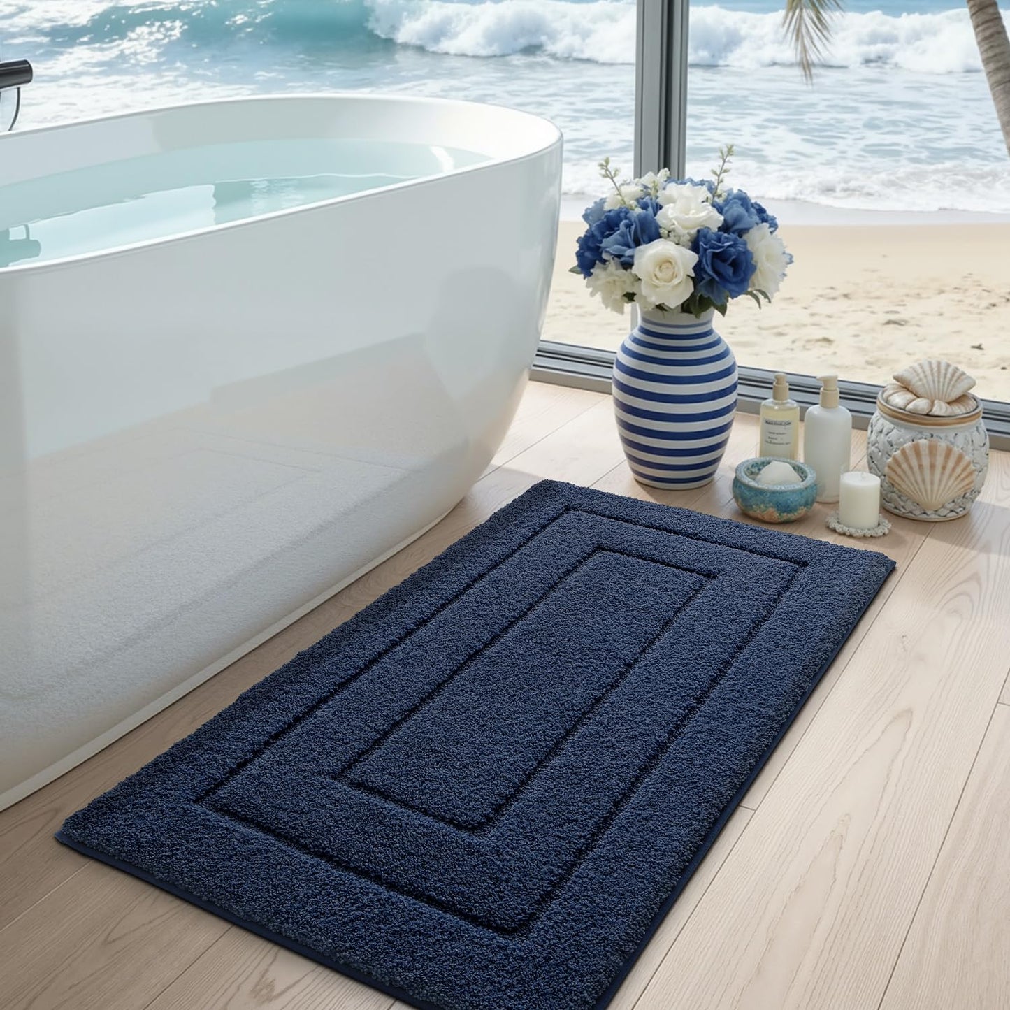 DEXI Bath Mat Non Slip, 24x36 Absorbent Microfiber Soft Bathroom Rug, Machine Washable Carpet for Shower Floor Bathmat Decor, Navy